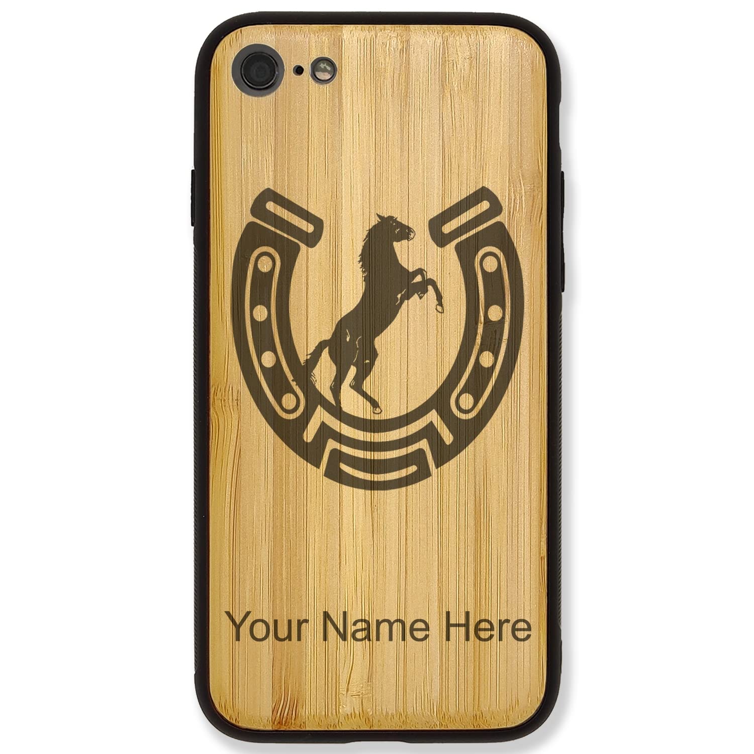 Personalized Bamboo Phone Case for iPhone 7 Plus & 8 Plus with Horseshoe & Horse Design - Engraved Protection for Everyday Use, Travel & Gifts