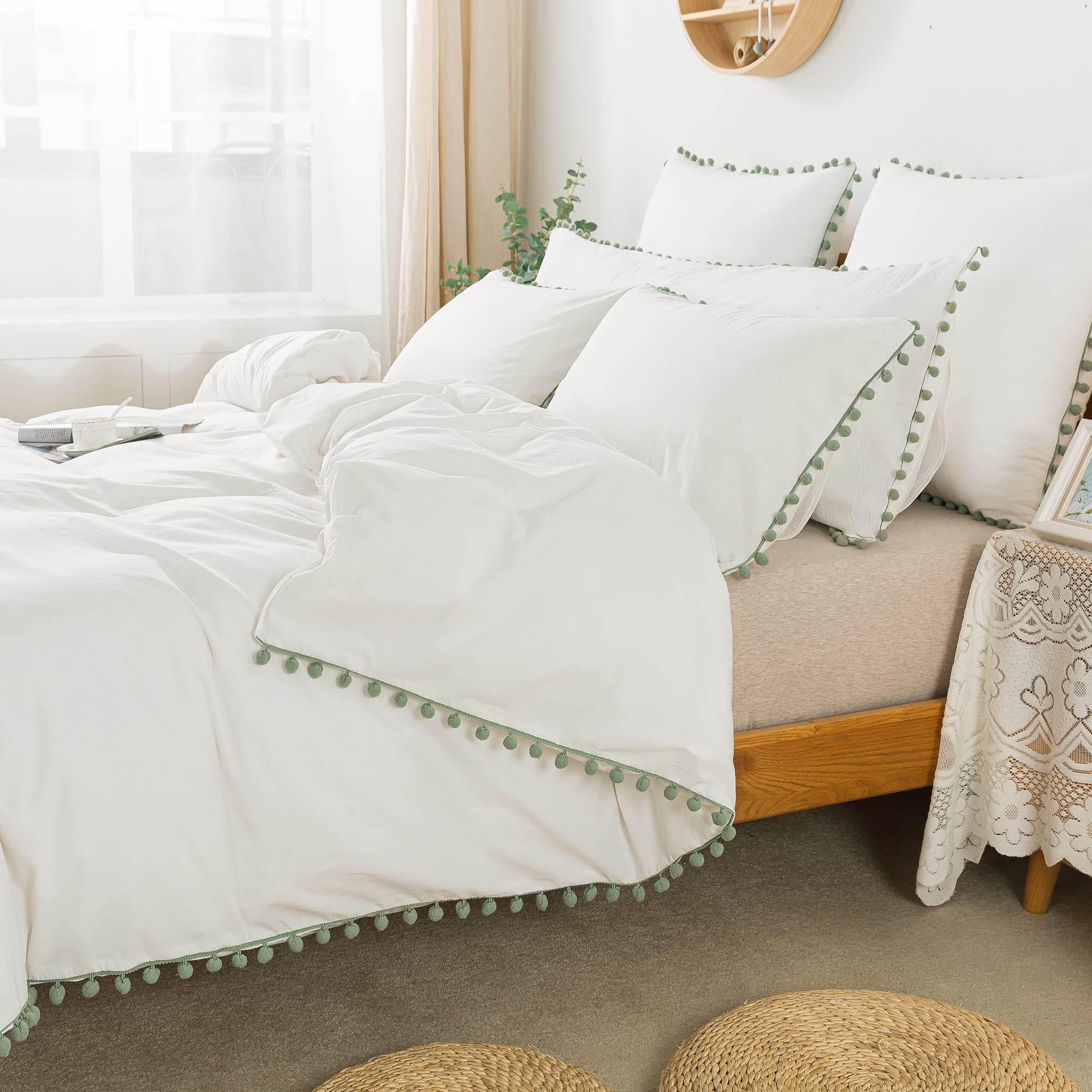 Softta Boho Bedding Queen Size - Vintage Green Pom-Pom Fringe Duvet Cover Set (3-Piece) | 100% Washed Cotton Bohemian Quilt Cover for Girls & Teens | Perfect for Boho Chic Bedrooms, Dorm Rooms & Cozy Teen Retreats