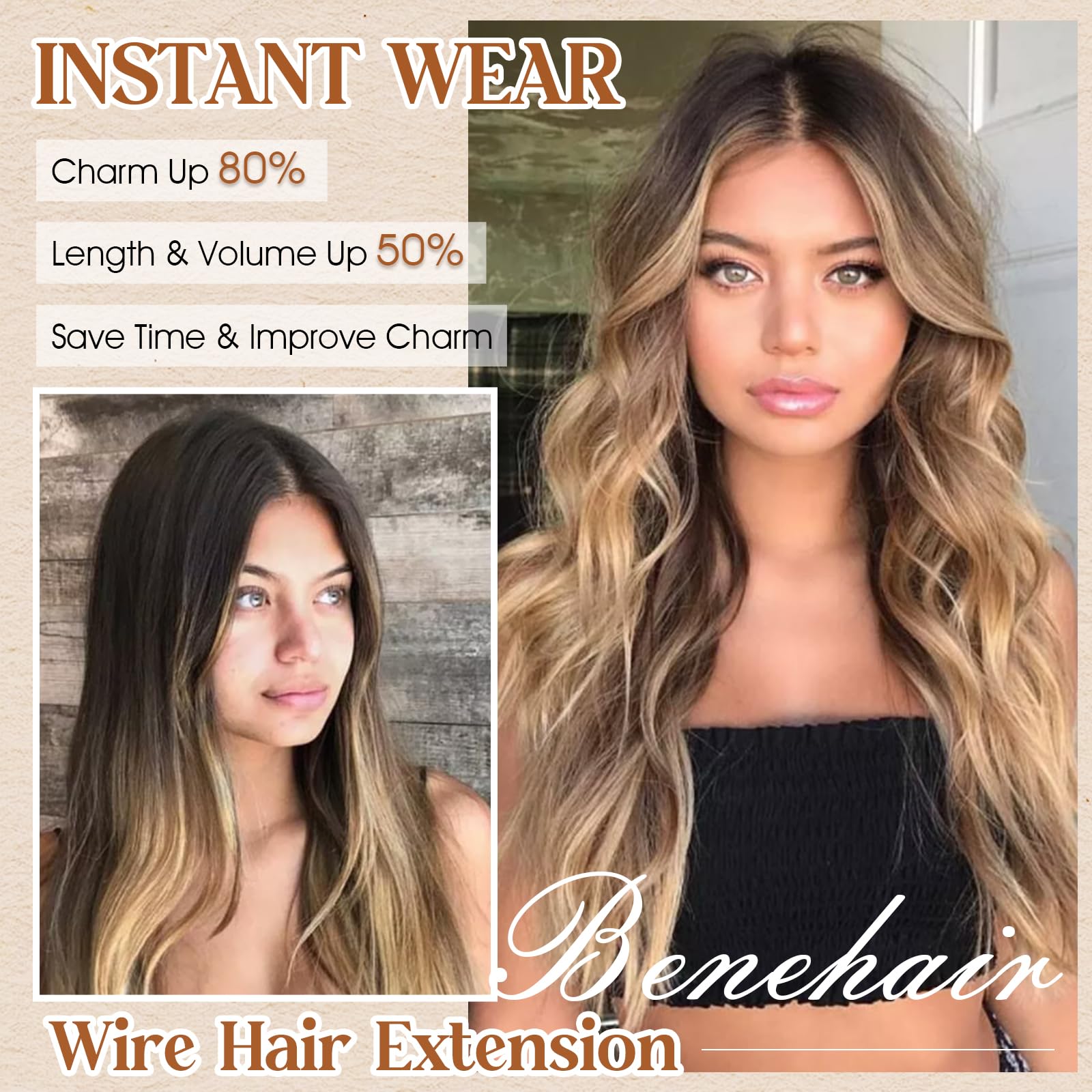 Benehair 16 Inch Halo Hair Extensions - 100% Real Human Hair, Invisible Wire with Fish Line, Golden Brown Mixed Bleach Blonde (#12&613) 65g - Perfect for Daily Wear, Parties, Weddings & Special Occasions