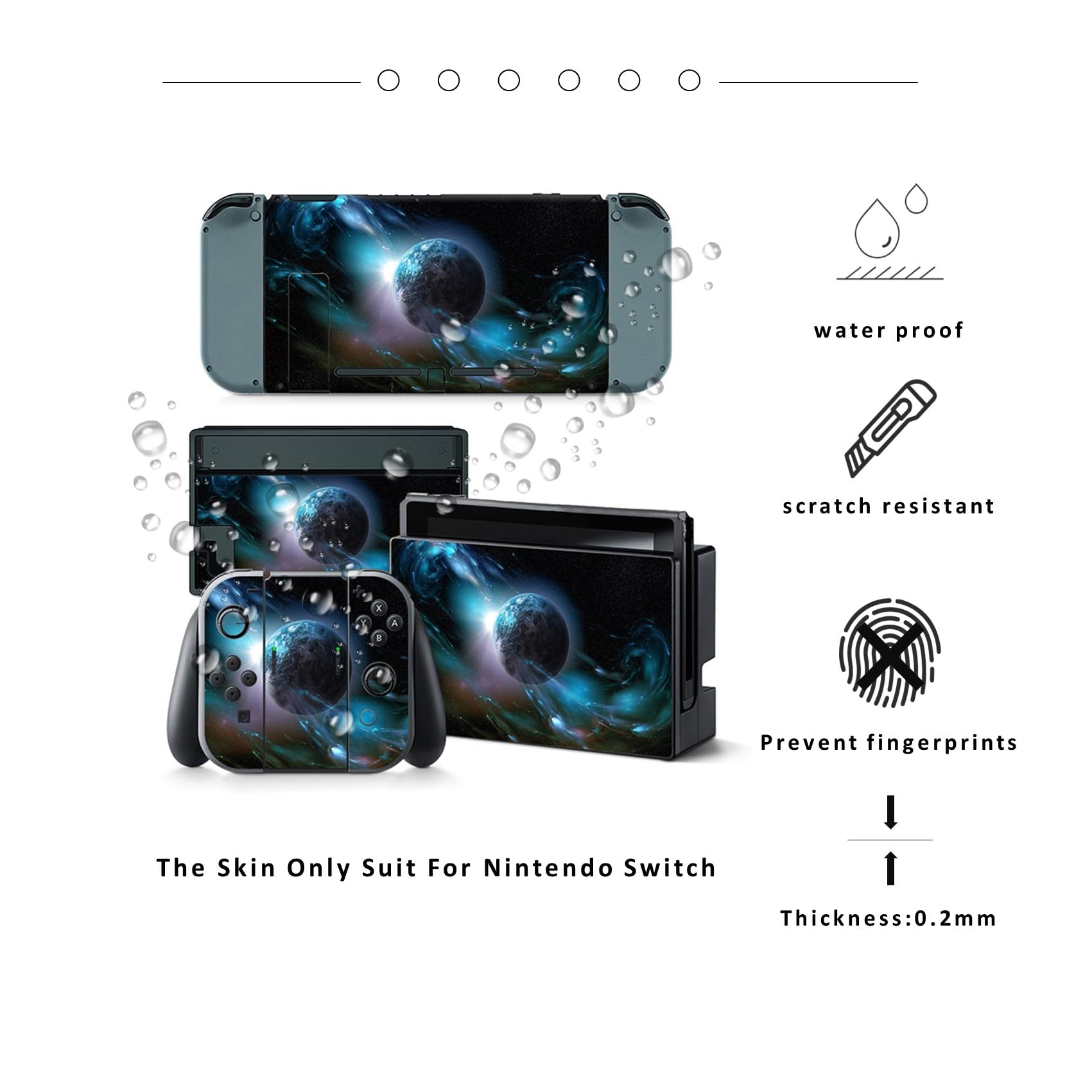 Nintendo Switch Black Skin - Full Cover Protective Film Sticker for Console & Controllers | Planet Design | Perfect for Gaming Protection & Personalization