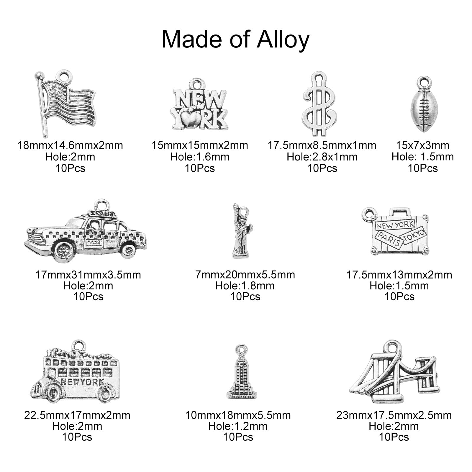 100Pcs New York Travel Charms - 10 Styles Including Statue of Liberty & Flag Designs for Jewelry Making, DIY Crafts, Suitcase Decoration | Perfect for Scrapbooking, Keychains & Travel Souvenirs