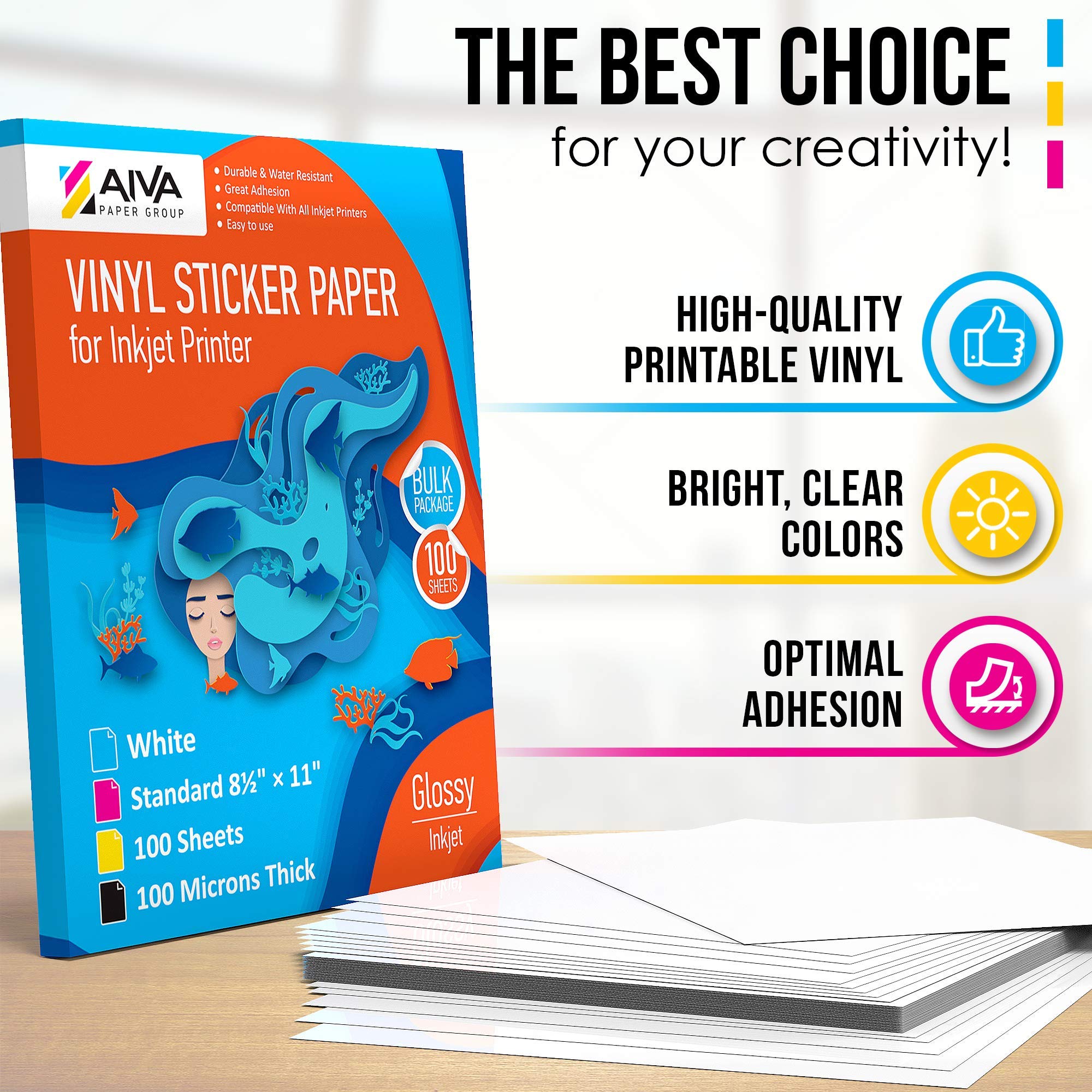 Waterproof Printable Vinyl Sticker Paper for Inkjet Printers - 100 Self-Adhesive Sheets, Glossy White, 8.5