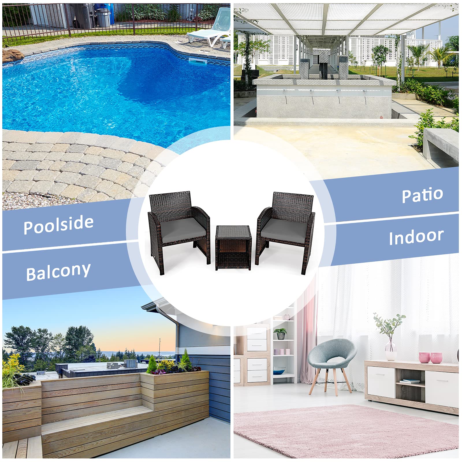 COSTWAY 5-Piece Patio Rattan Wicker Furniture Set with Cushioned Chairs, Ottoman & Side Table - Grey Outdoor Conversation Set for Backyard, Deck, Garden or Poolside Relaxation
