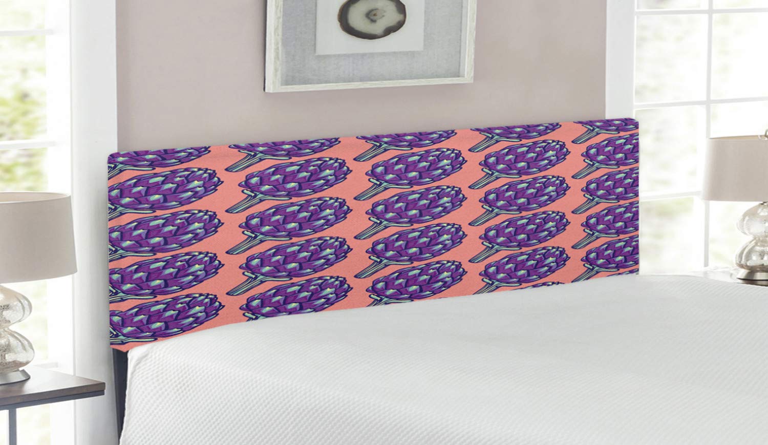 Ambesonne Artichoke Headboard - Queen Size Upholstered Metal Bed Frame with Memory Foam, Violet Roman Artichokes on Coral Backdrop, Organic Cooking Theme Decor | Perfect for Farmhouse, Vintage & Bohemian Bedroom Styles