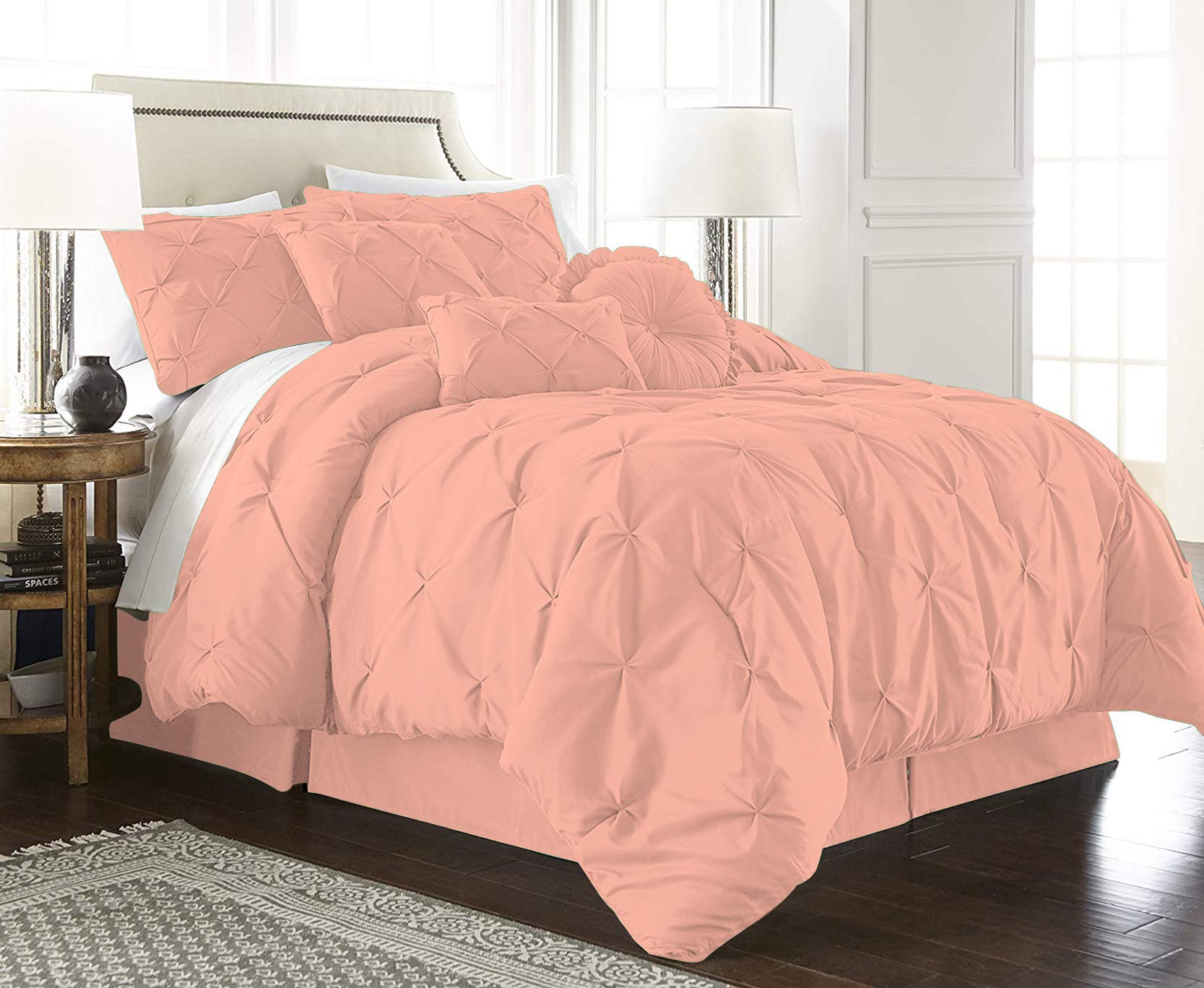 Luxury 800 Thread Count 100% Egyptian Cotton 7-Piece Pinch Pleat Pintuck Comforter Bedding Set - Queen Size, Peach - Soft & Breathable for Ultimate Comfort - Perfect for Master Bedroom, Guest Room & Hotel Use