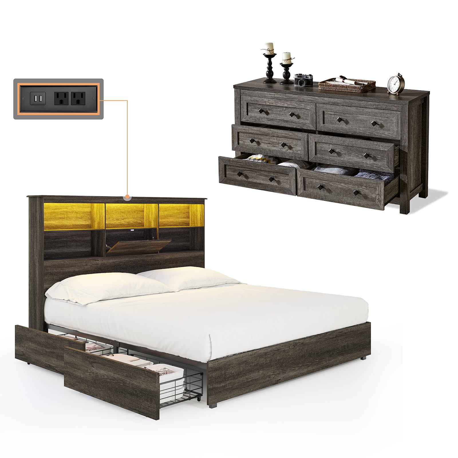 AMERLIFE Farmhouse 2-Piece Queen Size Bedroom Set - Wooden Platform Bed Frame with LED Bookcase Headboard & 6-Drawer Dresser, Includes 4 Under-Bed Storage Drawers & 54