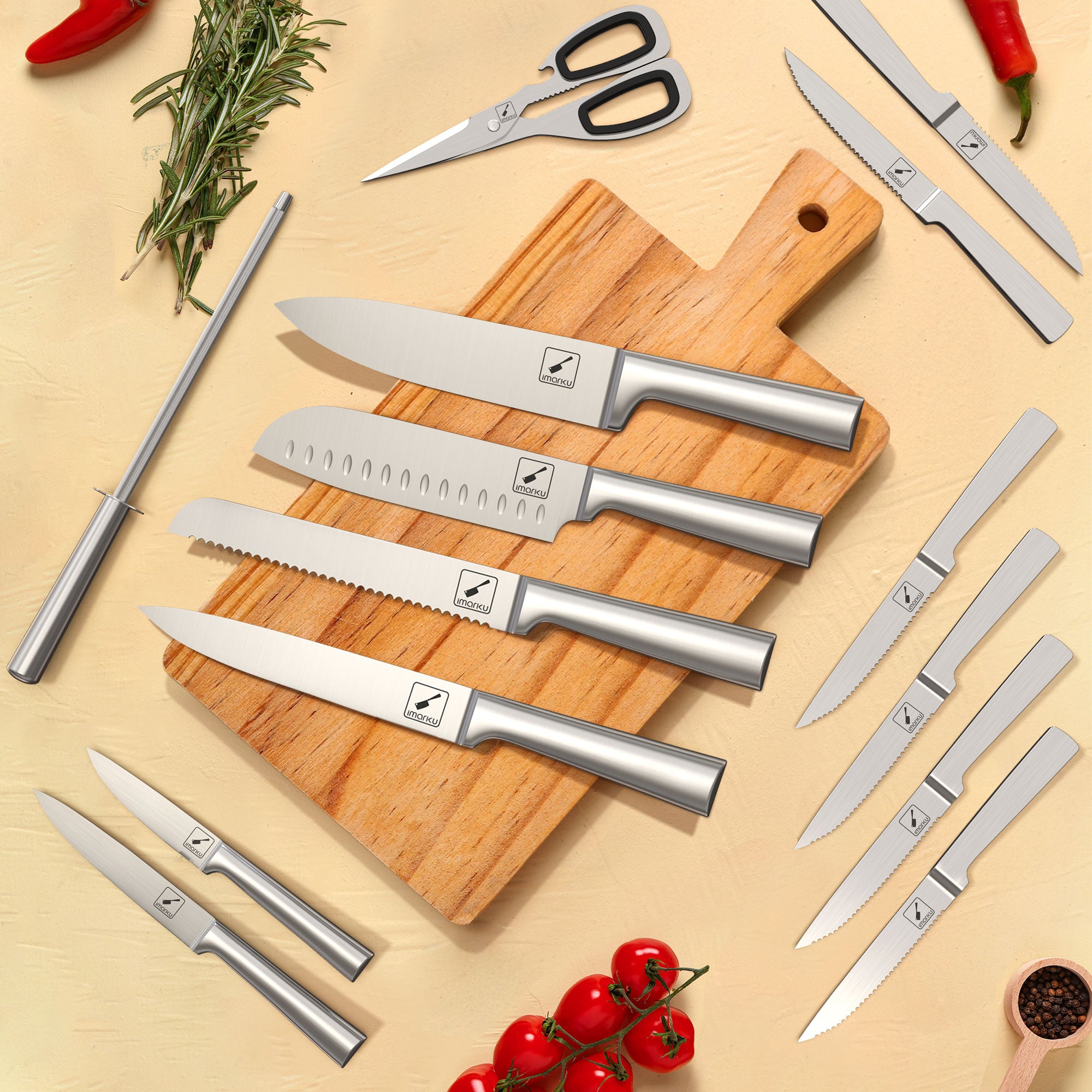 15-Piece Japanese Stainless Steel Knife Set with Block & Sharpener - Professional Kitchen Cutlery for Chefs & Home Cooking