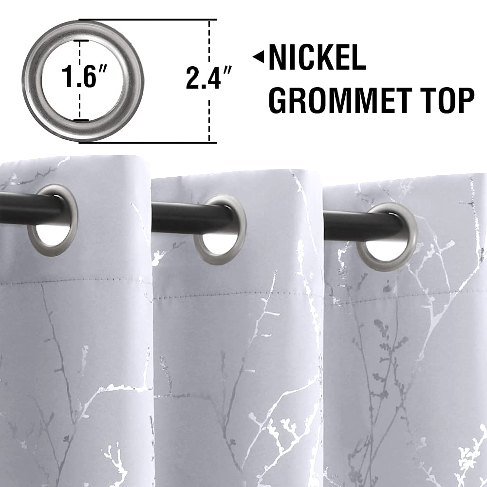 H.VERSAILTEX Blackout Curtains 52x96 Inch - Thermal Insulated Light Blocking Window Curtains with Foil Print Twig Tree Branch Design, Grommet Top for Bedroom & Living Room (2 Panels, Greyish White) - Perfect for Home Theater, Nursery & Shift Workers