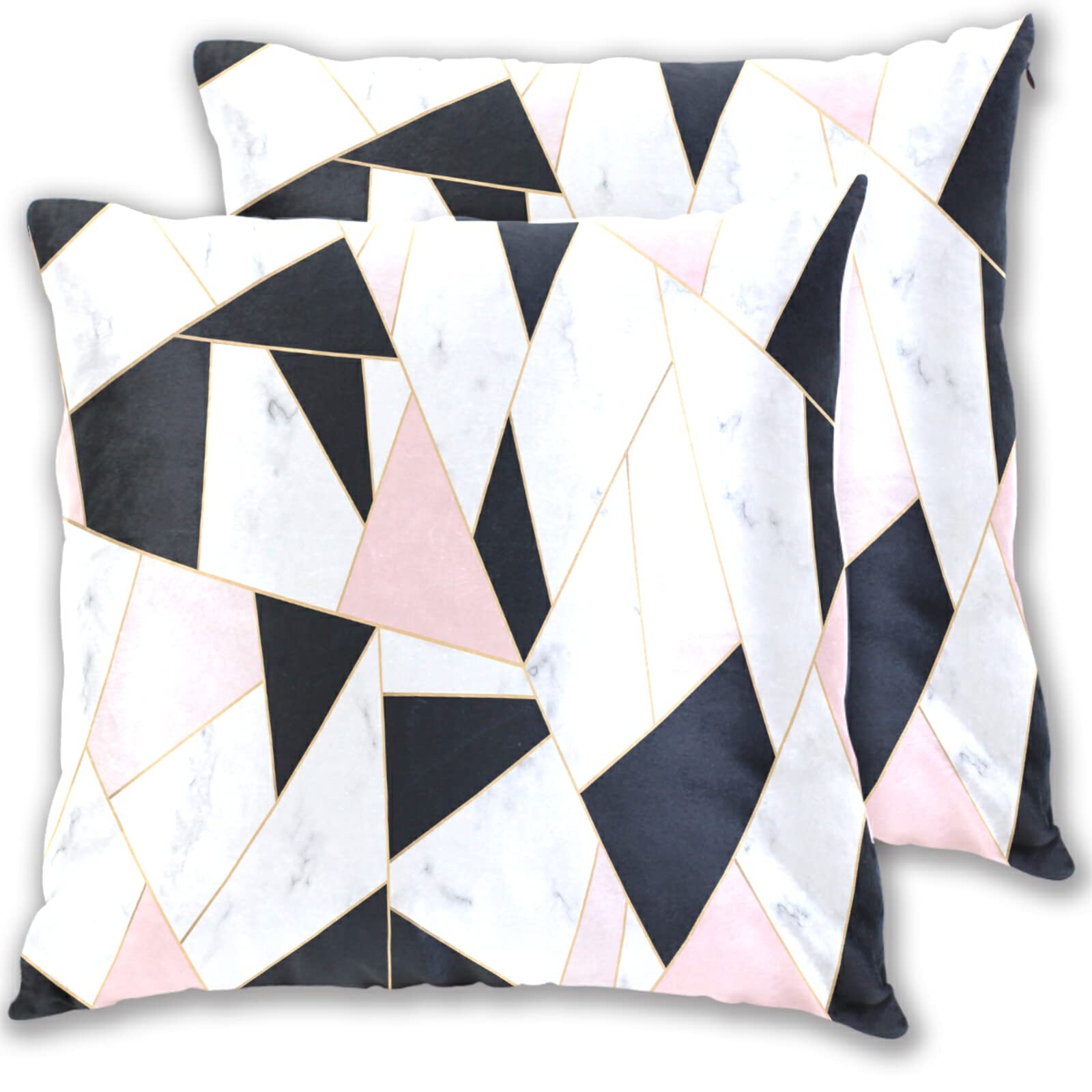 Luxury Marble Texture Cotton Velvet Throw Pillow Set of 2 - Rose Pink, Gold, Black & White Mosaic Design, 18x18 Inches, Soft & Breathable for Couch, Bed, Car - Perfect for Home Decor, Living Room & Bedroom Accents