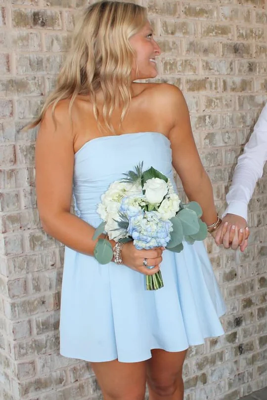 Elegant Blue A-Line Strapless Sleeveless Short Homecoming Dress J6966 - Perfect for Prom, Party, and Special Occasions