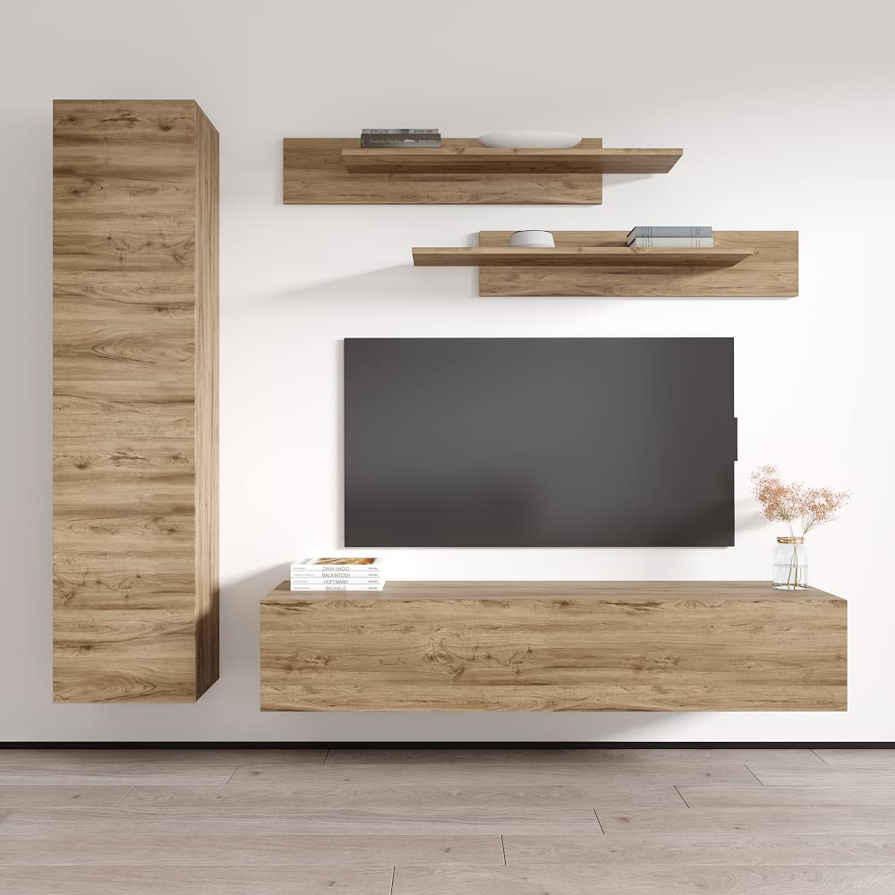 Modern Floating TV Stand with Storage & LED Lights - Wall-Mounted Entertainment Center Console for Bedroom & Living Room - Oak Wood TV Shelf with Adjustable Shelves - Perfect for Small Spaces & Home Theater Setup
