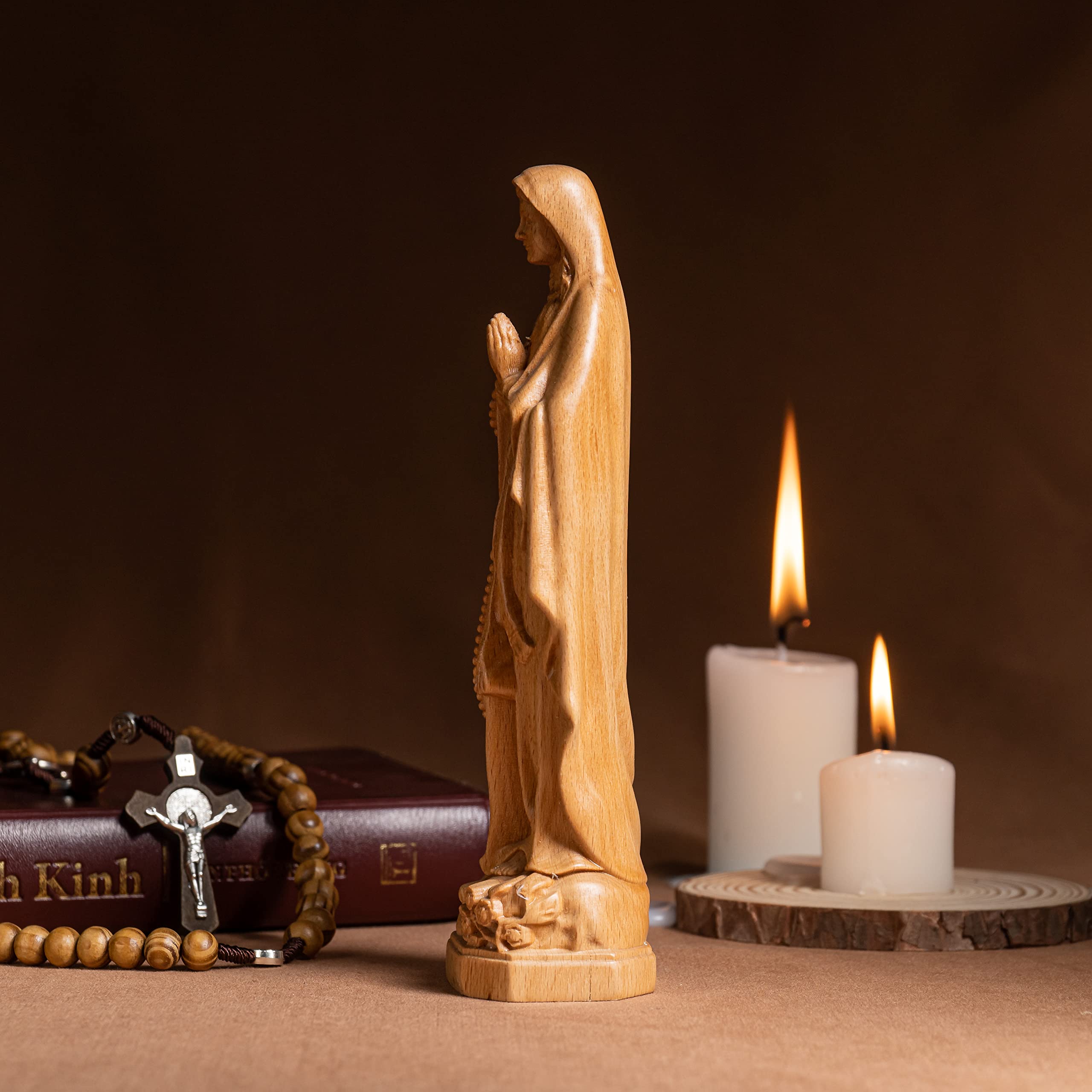 Hand-Carved Wooden Statue of Our Lady of Lourdes - Catholic Religious Home Decor, Housewarming Gift & Mother's Day Present - Perfect for Prayer Altars, Home Shrines & Spiritual Spaces (Medium Size)