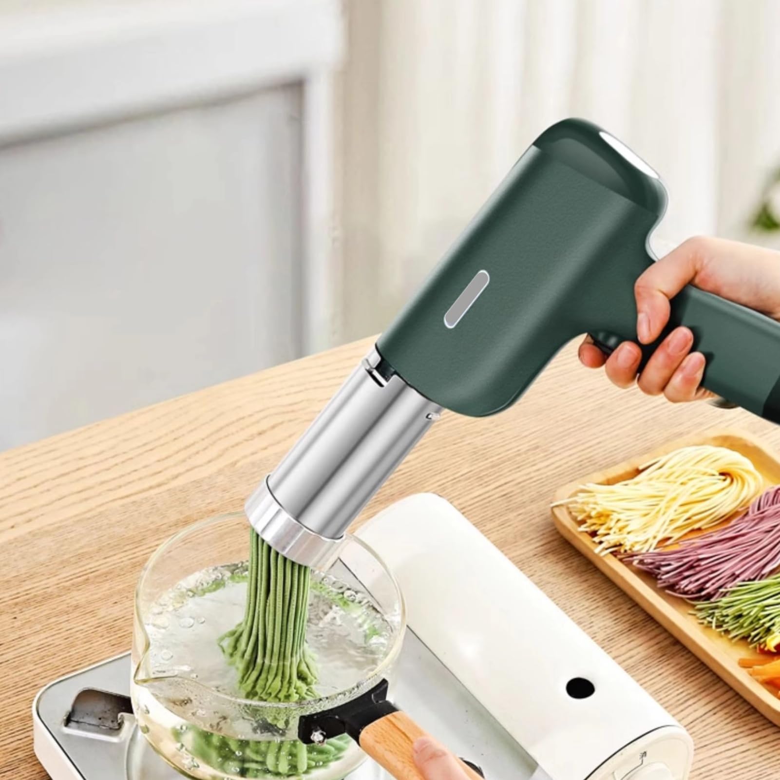 5-in-1 Electric Pasta Maker Machine - Handheld Cordless Noodle Maker for Homemade Ramen, Spaghetti & Dough - Includes Dough Press, Cutter & Cleaning Brush (Green) - Perfect for Kitchen, Camping & Small Spaces