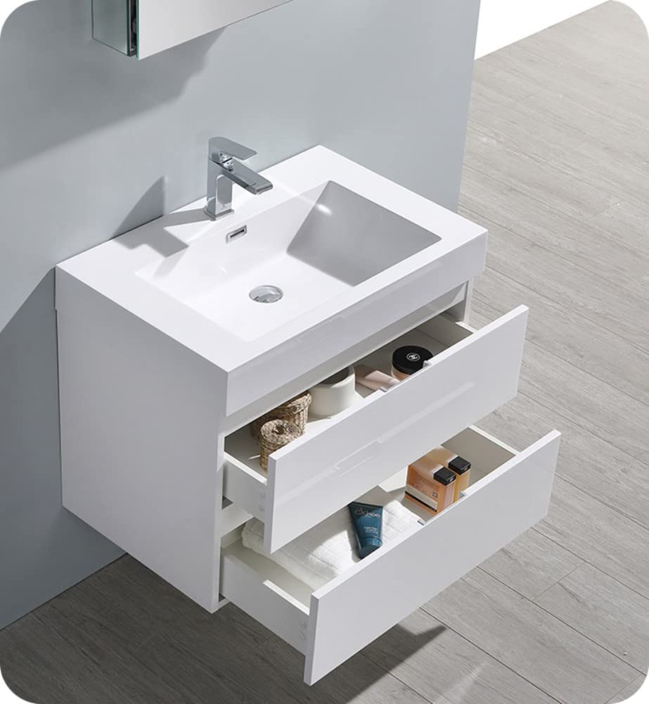 Fresca Valencia 30 Inch Glossy White Wall Mounted Modern Bathroom Vanity Cabinet - Sink Not Included | Space Saving Storage Solution for Small Bathrooms & Powder Rooms