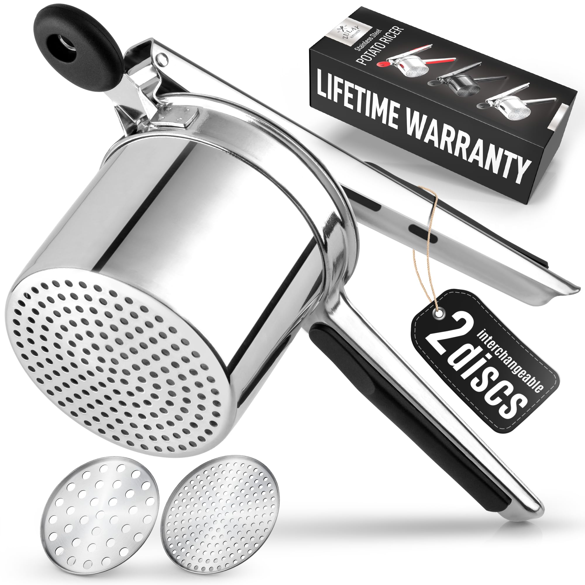 Zulay Kitchen Premium 15oz Stainless Steel Potato Ricer & Masher - Heavy Duty Professional Kitchen Tool for Smooth Mashed Potatoes, Baby Food & Purees - Silver/Black