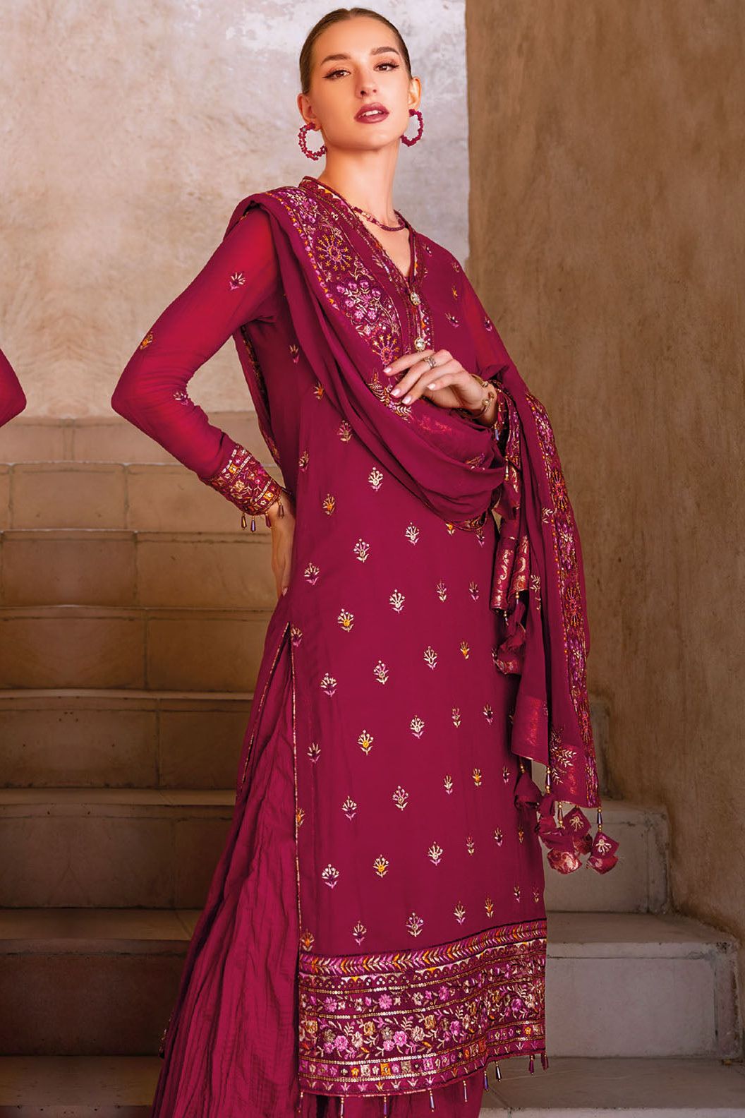 Gul Ahmed Red Chiffon 3 Piece Suit for Women - Elegant Party Wear & Wedding Guest Outfit