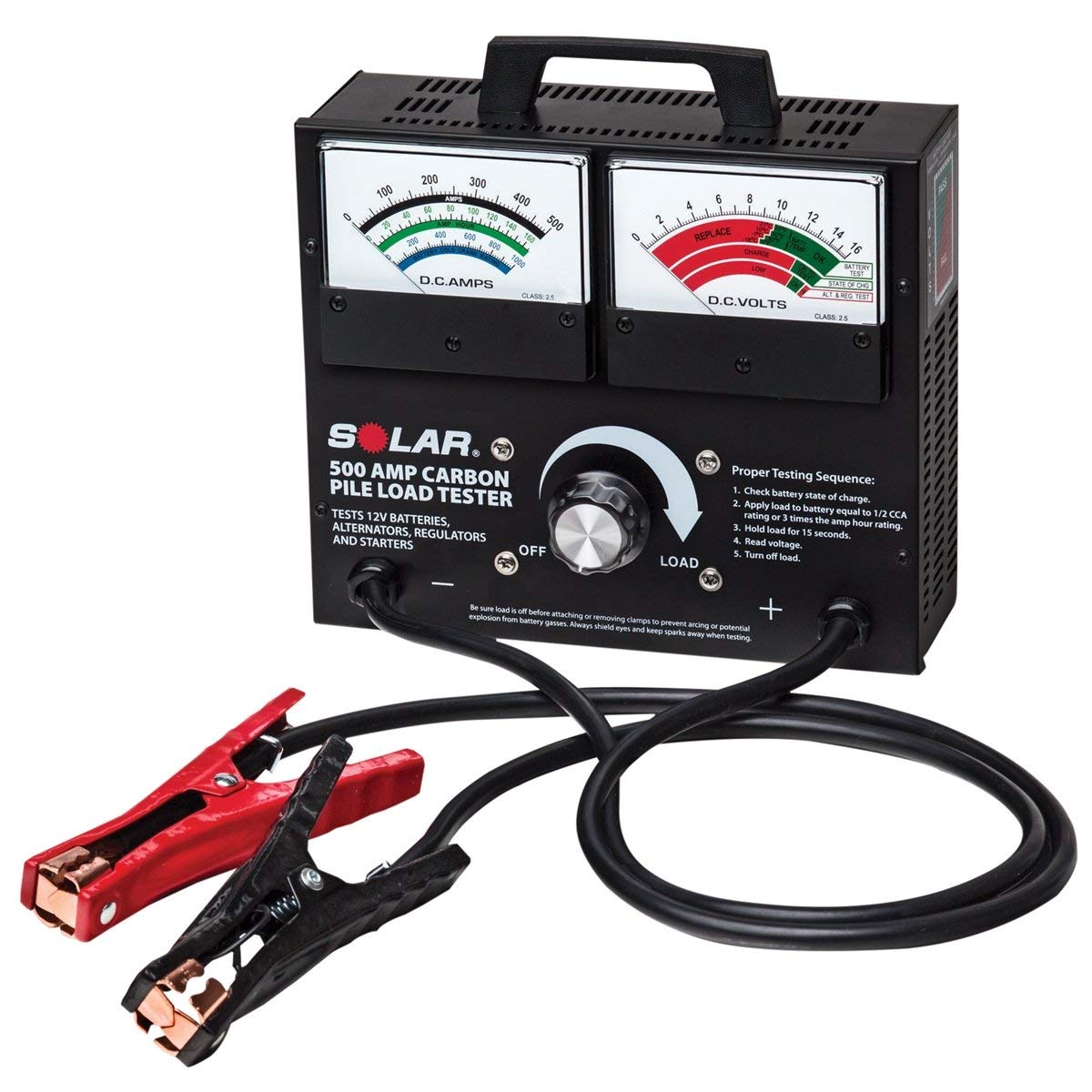 Clore Automotive Solar 1874 500 Amp Heavy-Duty Carbon Pile Battery Load Tester - Professional Car Battery Tester for 6V/12V Vehicles - Perfect for Auto Shops, Mechanics & DIY Car Maintenance