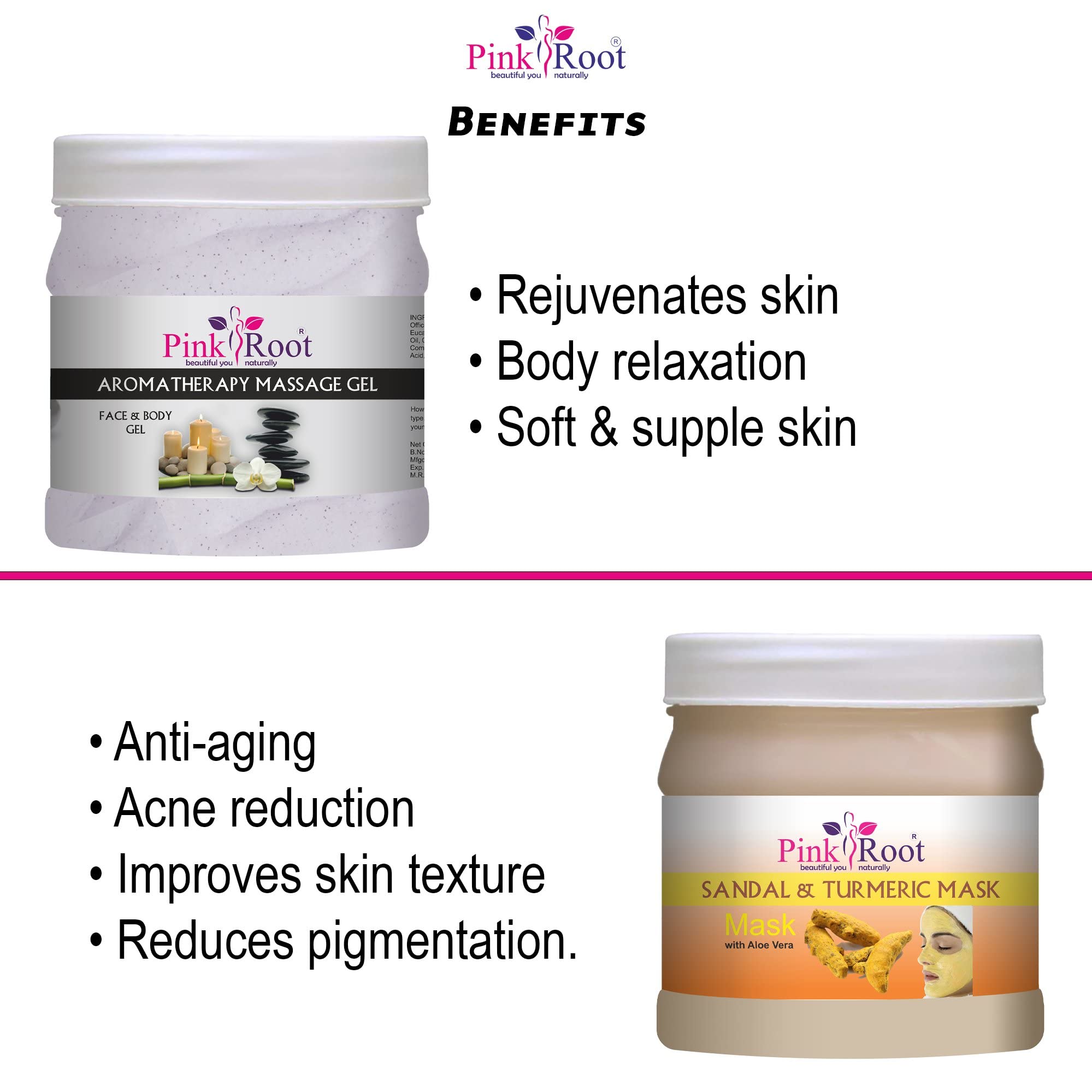 Pink Root Aromatherapy Gel 500ml & Sandalwood Turmeric Face Mask 500ml - Relaxing Spa Treatment for Skin Care & Stress Relief at Home