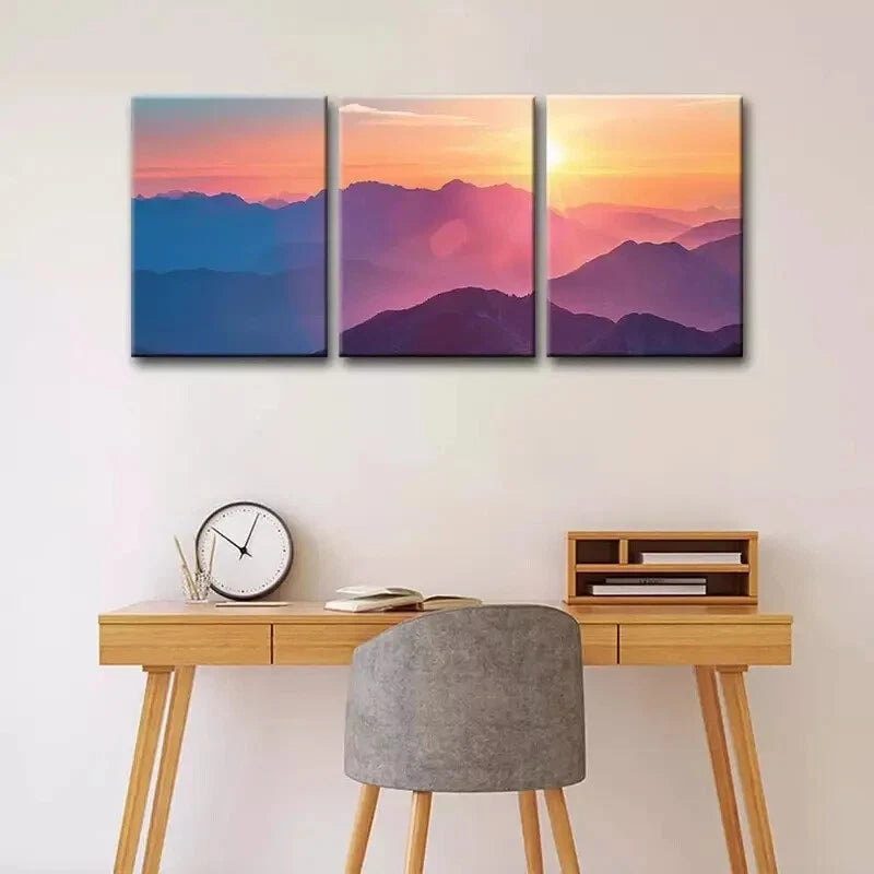 3-Piece Sunset Mountain Range Metal Wall Art - Ready to Hang Landscape Print for Living Room, Bedroom & Office Decor