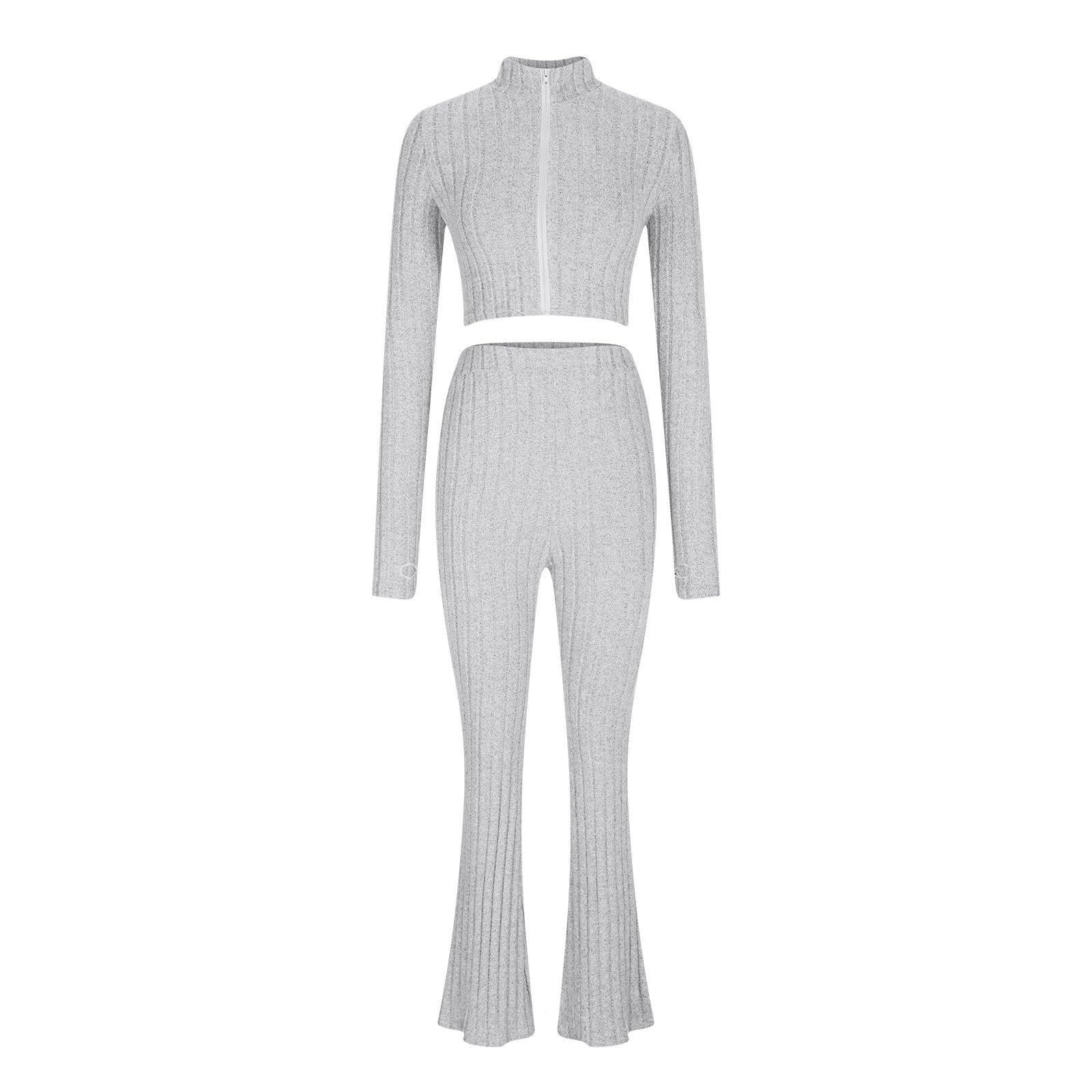Women's 2-Piece Knit Sweater Set - Long Sleeve Crop Top & Flare Bell Bottom Pants - Cozy Lounge Outfit for Home, Office & Casual Wear