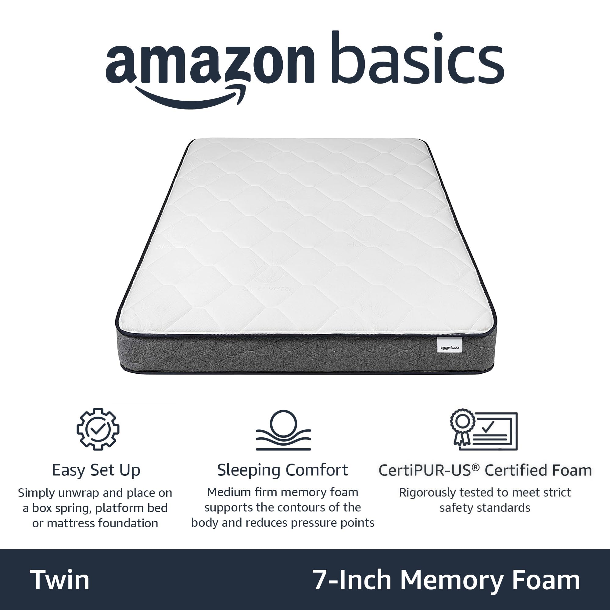Amazon Basics Premium Memory Foam Mattress - CertiPUR-US® Certified, Medium Firmness, 7-Inch Twin Size in White & Gray - Perfect for Guest Rooms, Dorms & Small Spaces
