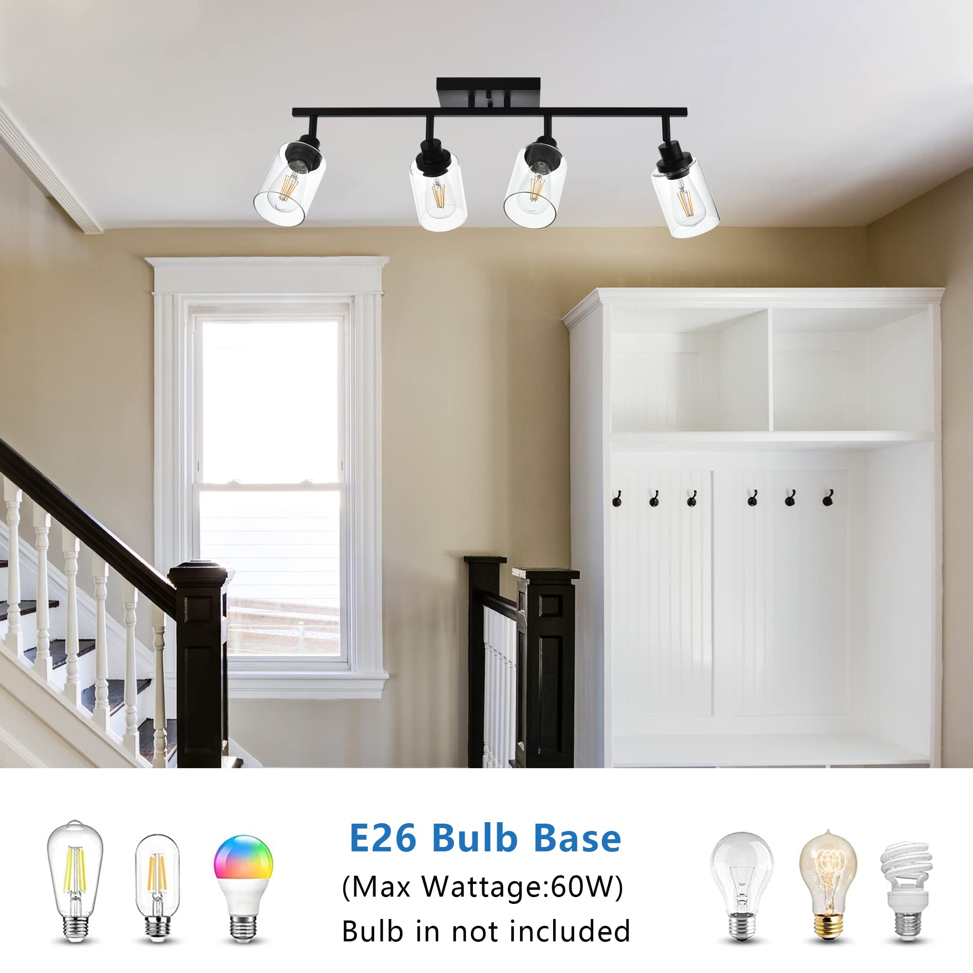 MELUCEE 4-Light Matte Black Track Lighting Kit - Ceiling Spotlight Fixture with Clear Glass Shade for Bathroom, Hallway, Foyer & Storage Areas - Modern Home & Office Lighting Solution