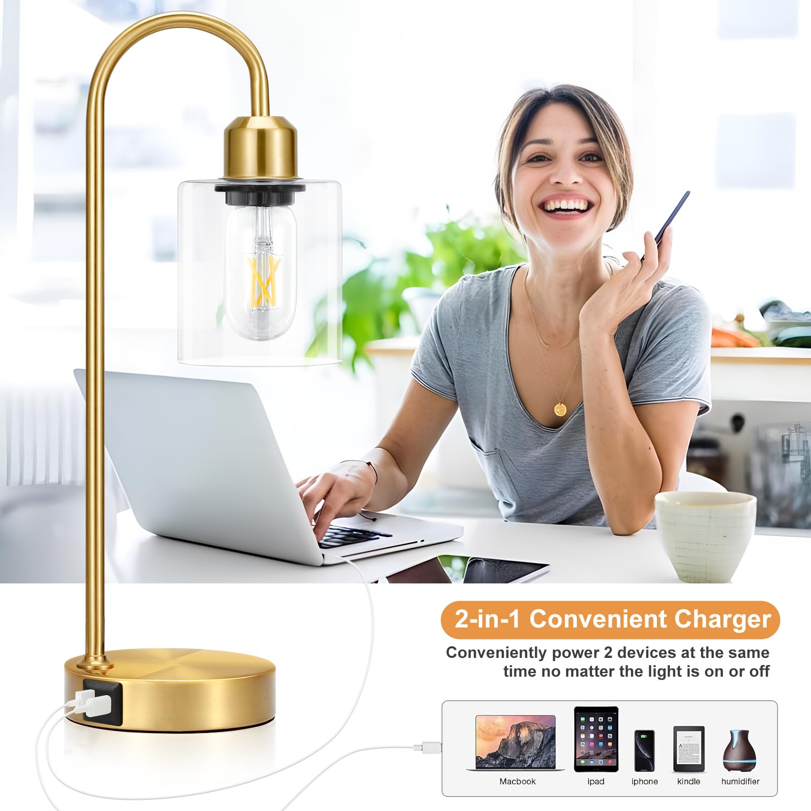 Premium Industrial Gold Table Lamps Set of 2 - 3-Way Dimmable Touch Control LED Desk Lamps with USB-C & USB-A Charging Ports, Modern Glass Shade Nightstand Lamps for Bedroom, Living Room, Office - Includes Energy Efficient LED Bulbs (Perfect for Reading, Working & Ambient Lighting)