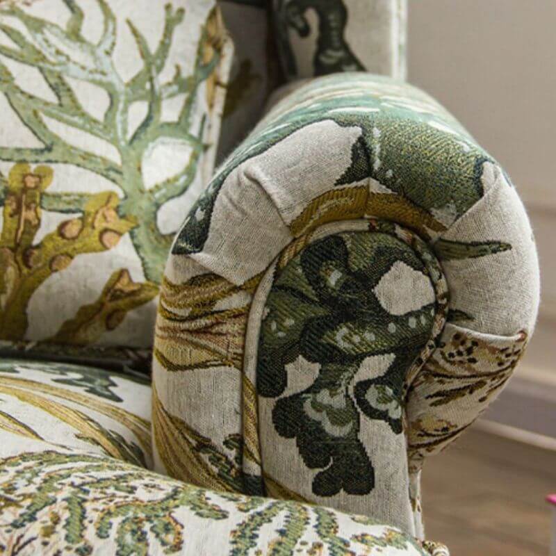 Tropical Yellow Blue Floral Toile Pattern Foam Accent Chair with Fixed Back, Arms and Pillow - Perfect for Living Room, Bedroom or Office Decor