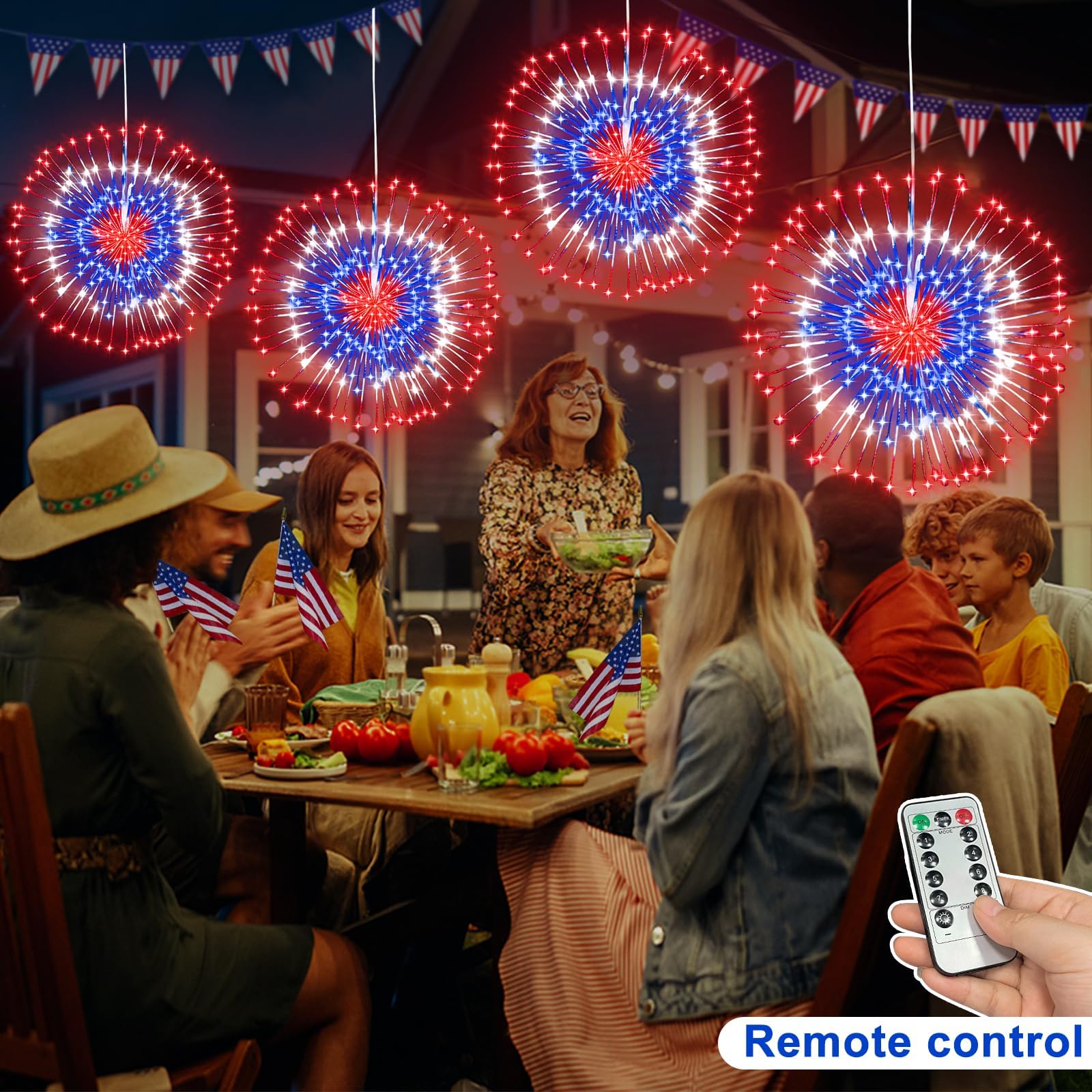 2 Pack Patriotic LED Firework Lights - 240 Red White Blue Battery Operated Waterproof Starburst Lights with Timer & 8 Mode Remote for 4th of July, Memorial Day Decorations - Perfect for Outdoor Parties, Backyard Celebrations and Independence Day Festivities