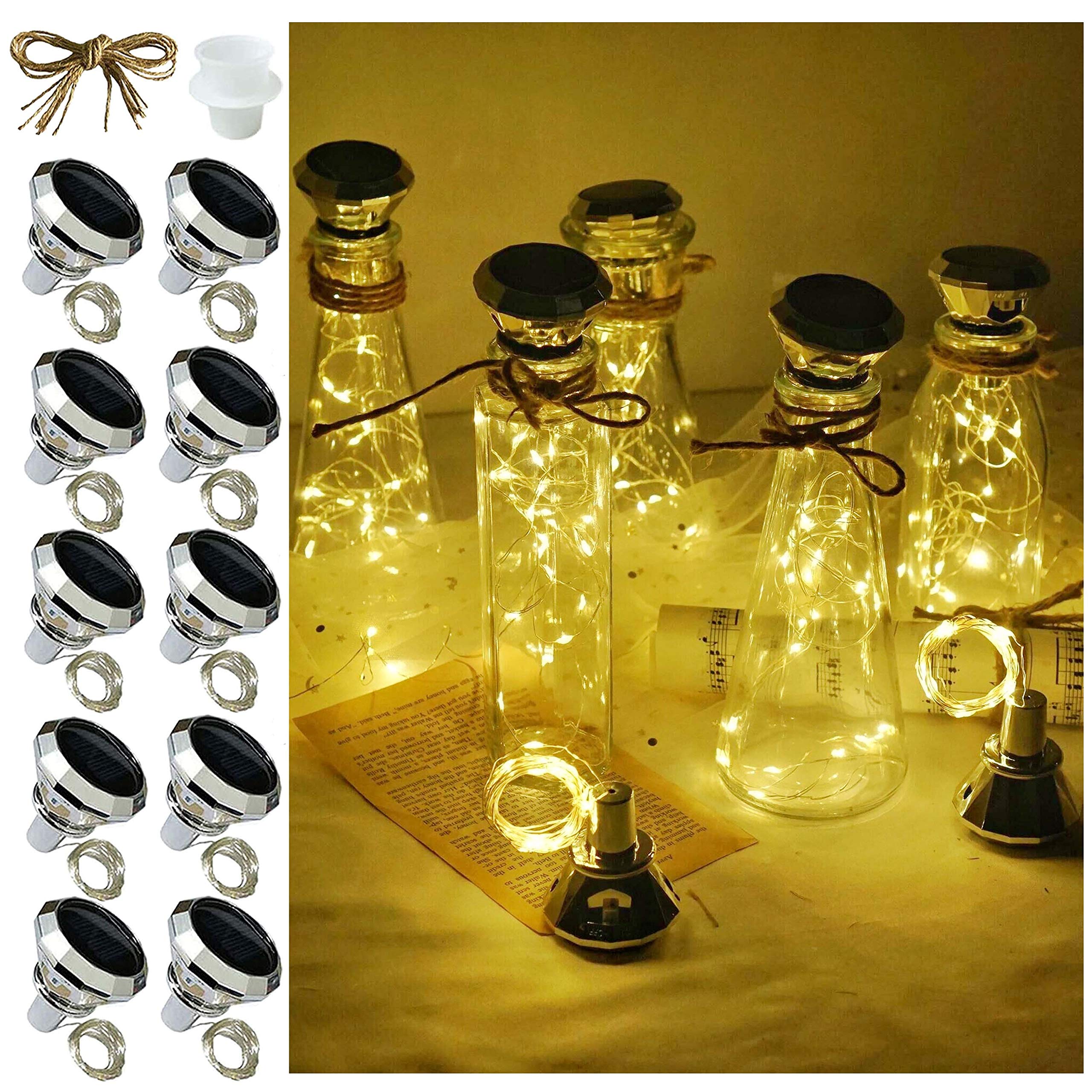 10 Pack Solar Wine Bottle Lights - 20 LED Waterproof Diamond Cork Fairy String Lights for Outdoor Garden, Wedding, Patio Decor (Warm White) | Perfect for Backyard Parties, Romantic Dinners & Holiday Decorations