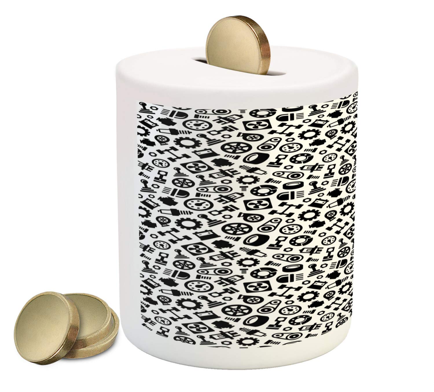 Ambesonne Ceramic Piggy Bank for Auto Mechanics - Monochrome Car Parts Design, 3.6