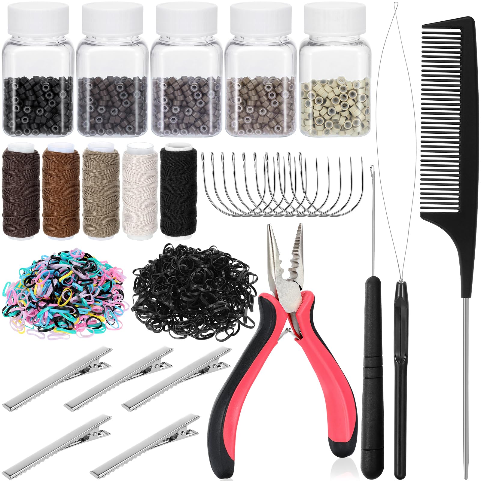 Professional Hair Extension Tools Kit - 2500 Silicone Lined Micro Rings, Plier, Comb, Threader, Crochet Hook, 10 Curved Needles, 5 Metal Clips, 5 Rolls Thread, 1000 Rubber Bands - Complete DIY Hair Weaving & Styling Set for Salon & Home Use