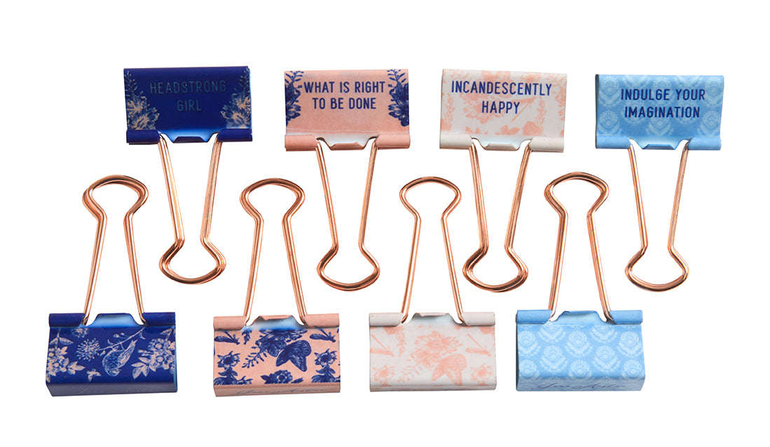 Jane Austen Floral Pattern Binder Clips Set of 8 - Vintage Style Office Supplies for Notebooks, Planners, and Document Organization