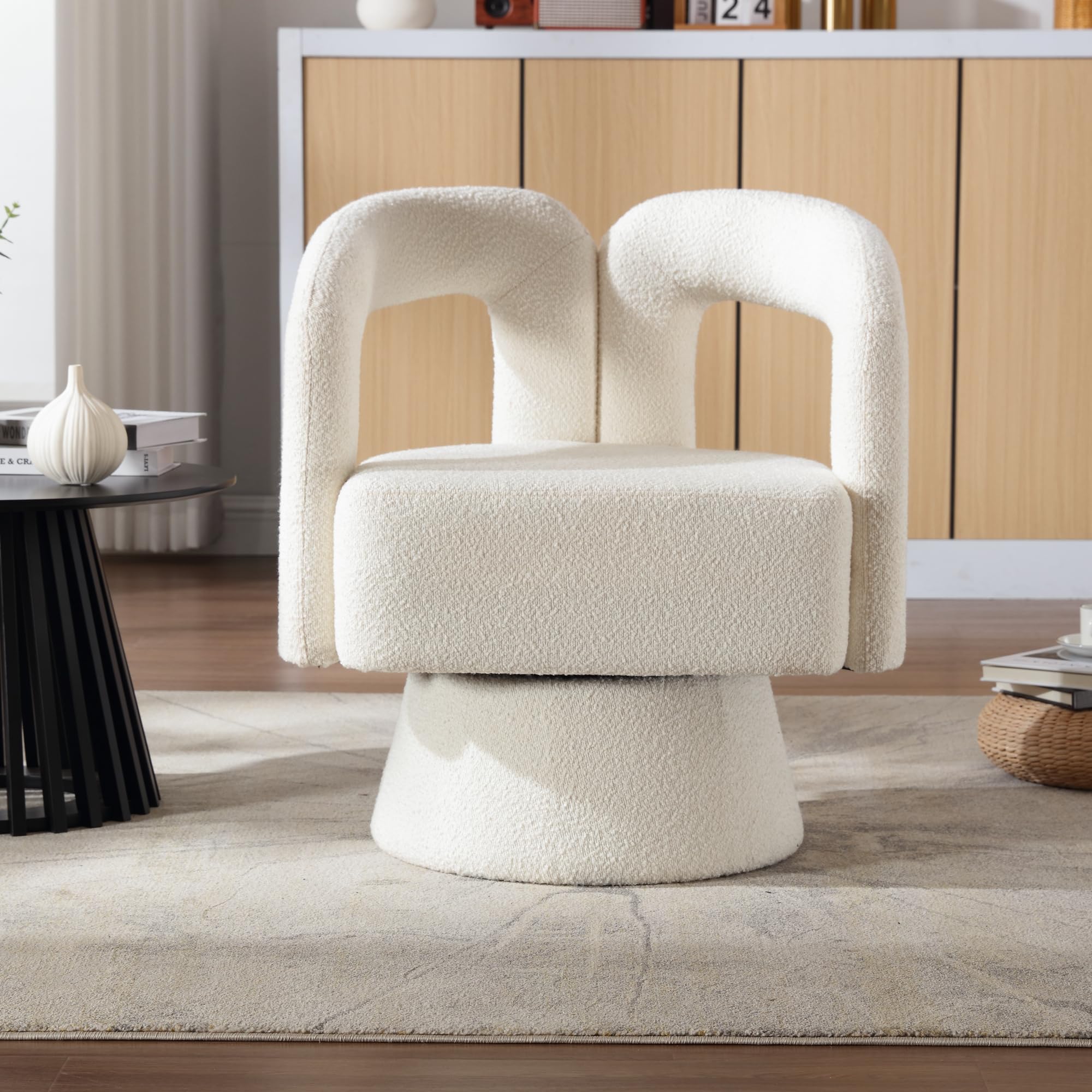 360 Degree Swivel Accent Chair - Comfy Upholstered Barrel Armchair with Round Arms for Living Room, Bedroom & Office - Beige Leisure Reading Chair for Relaxing, Working & Lounging