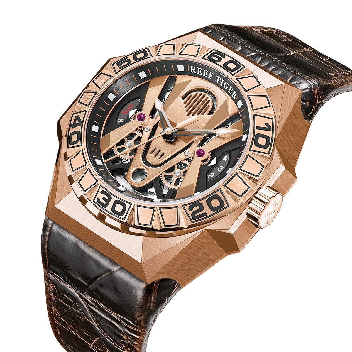 REEF TIGER Men's Automatic Skeleton Watch - Waterproof Sports Watch with Genuine Leather Strap (Model RGA6912) - Perfect for Outdoor Activities, Business Meetings & Casual Wear