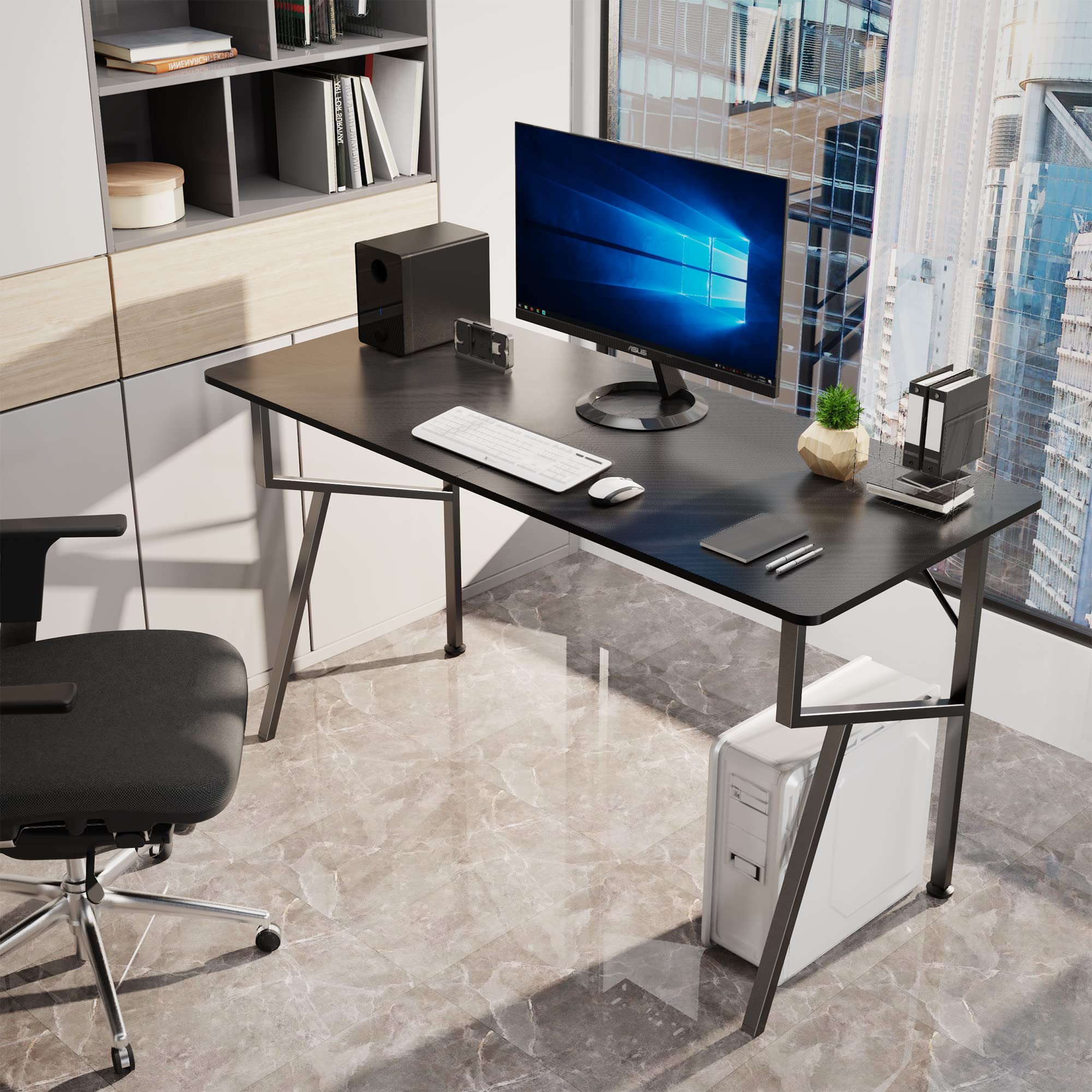 EUREKA ERGONOMIC 55 Inch K-Shaped Gaming Desk with Mouse Pad, Headphone Hook & Cup Holder - Large Computer Desk for Home Office & PC Gamers - Perfect for Gaming Setups, Workstations & Multi-Monitor Setups (Black)