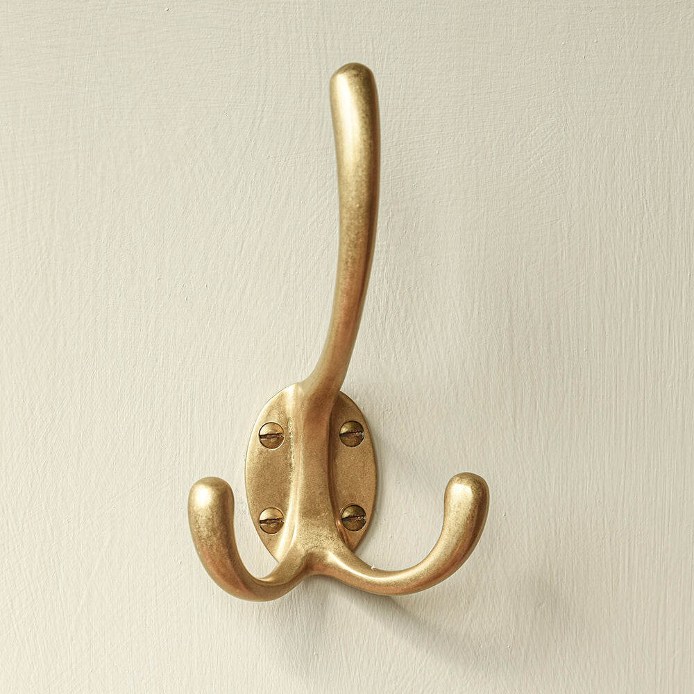 Vintage Aged Brass Triple Hat & Coat Hook - Heavy Duty Large Wall Mounted Hooks for Entryway, Bathroom & Bedroom Organization