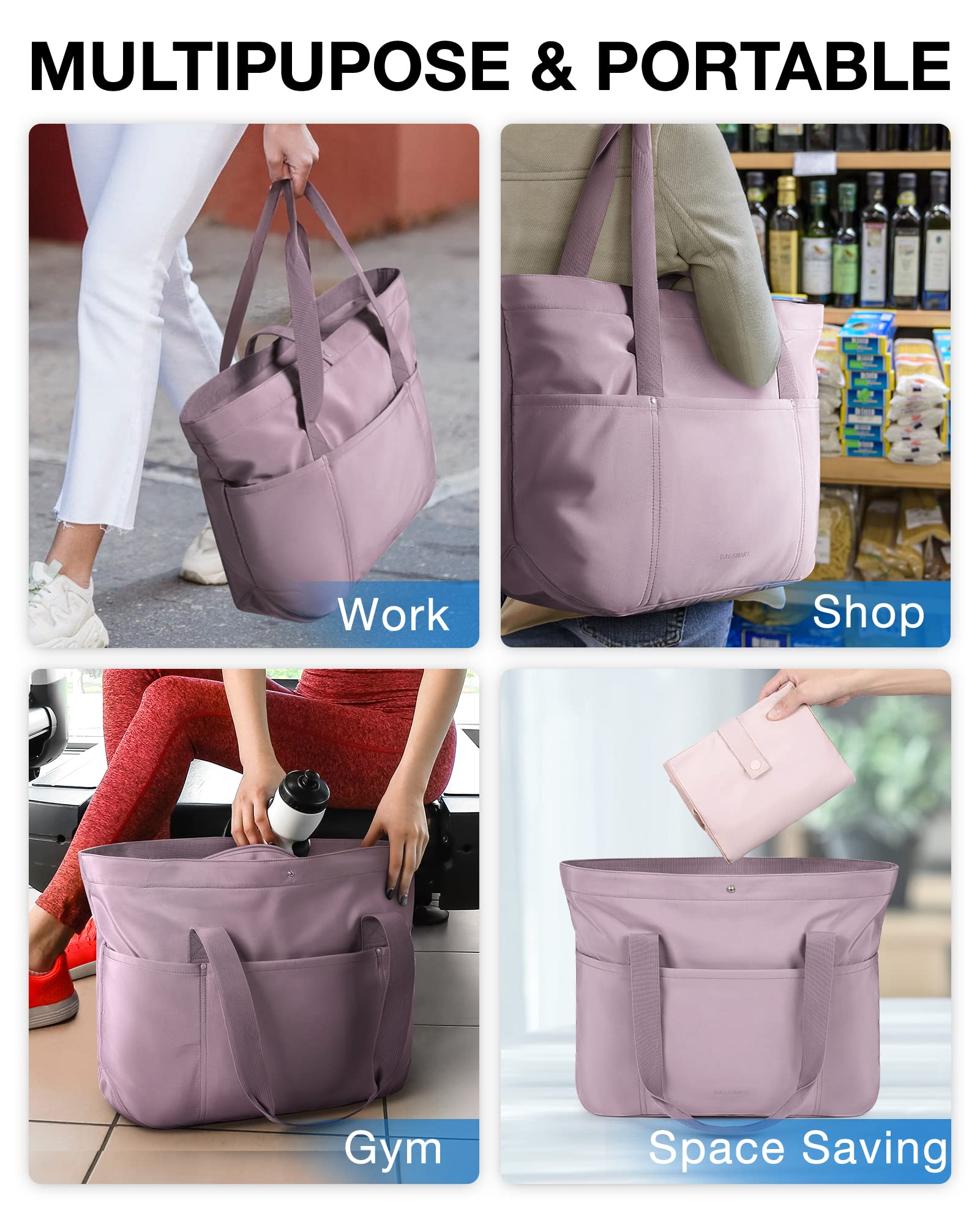 BAGSMART Large Zippered Tote Bag for Women - Foldable Reusable Shoulder Bag with Top Handle - Perfect for Work, Travel, Gym & Shopping (Black)
