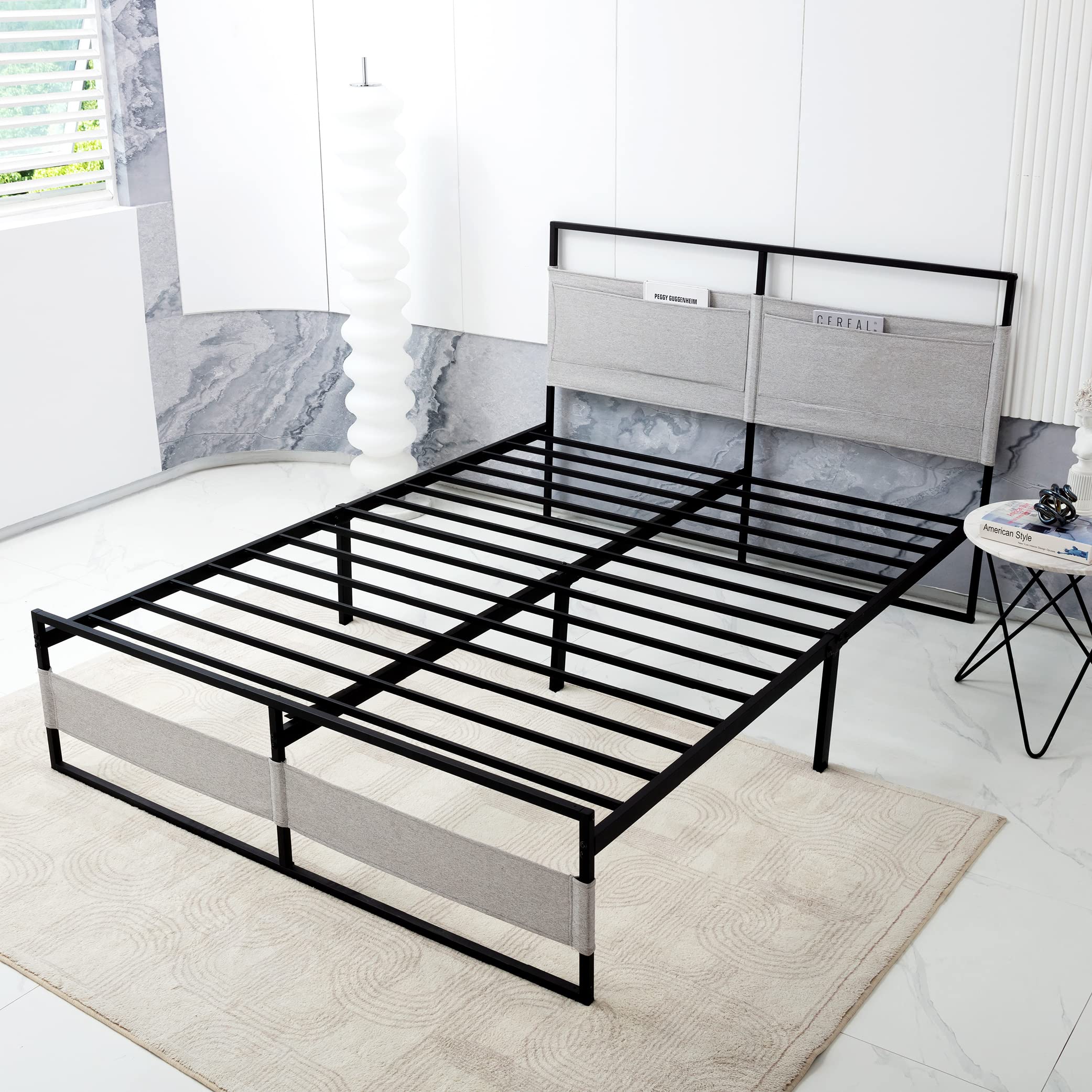MLILY King Size Metal Platform Bed Frame with 14 Inch Height - Under Bed Storage & Headboard Pockets, Heavy Duty Steel Slats, No Box Spring Required, Easy Assembly, Grey (BED-V1-K) - Perfect for Master Bedrooms, Guest Rooms & Small Space Living