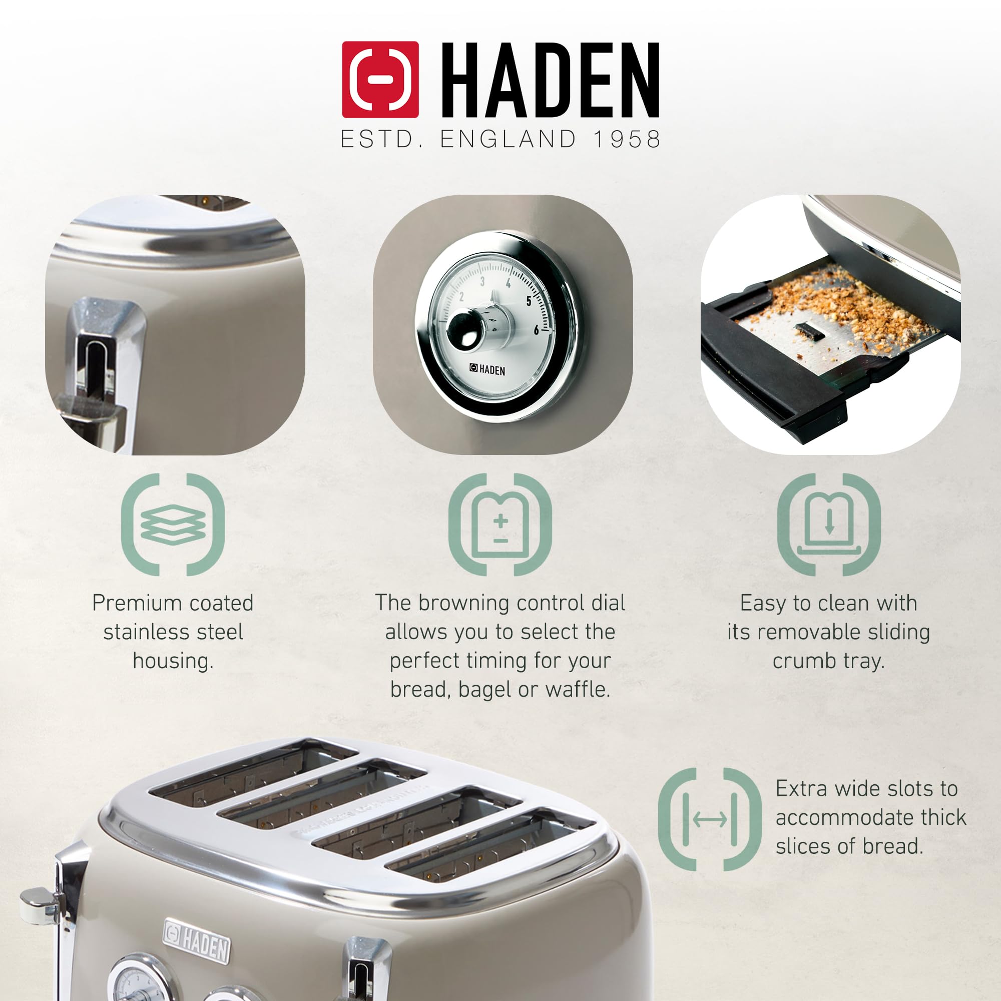 Haden Dorset 4 Slice Wide Slot Stainless Steel Toaster with 1.7L Electric Kettle Set - 360° Swivel Base, Putty & Chrome Finish - Perfect for Breakfast, Kitchen, Dorm & Office Use