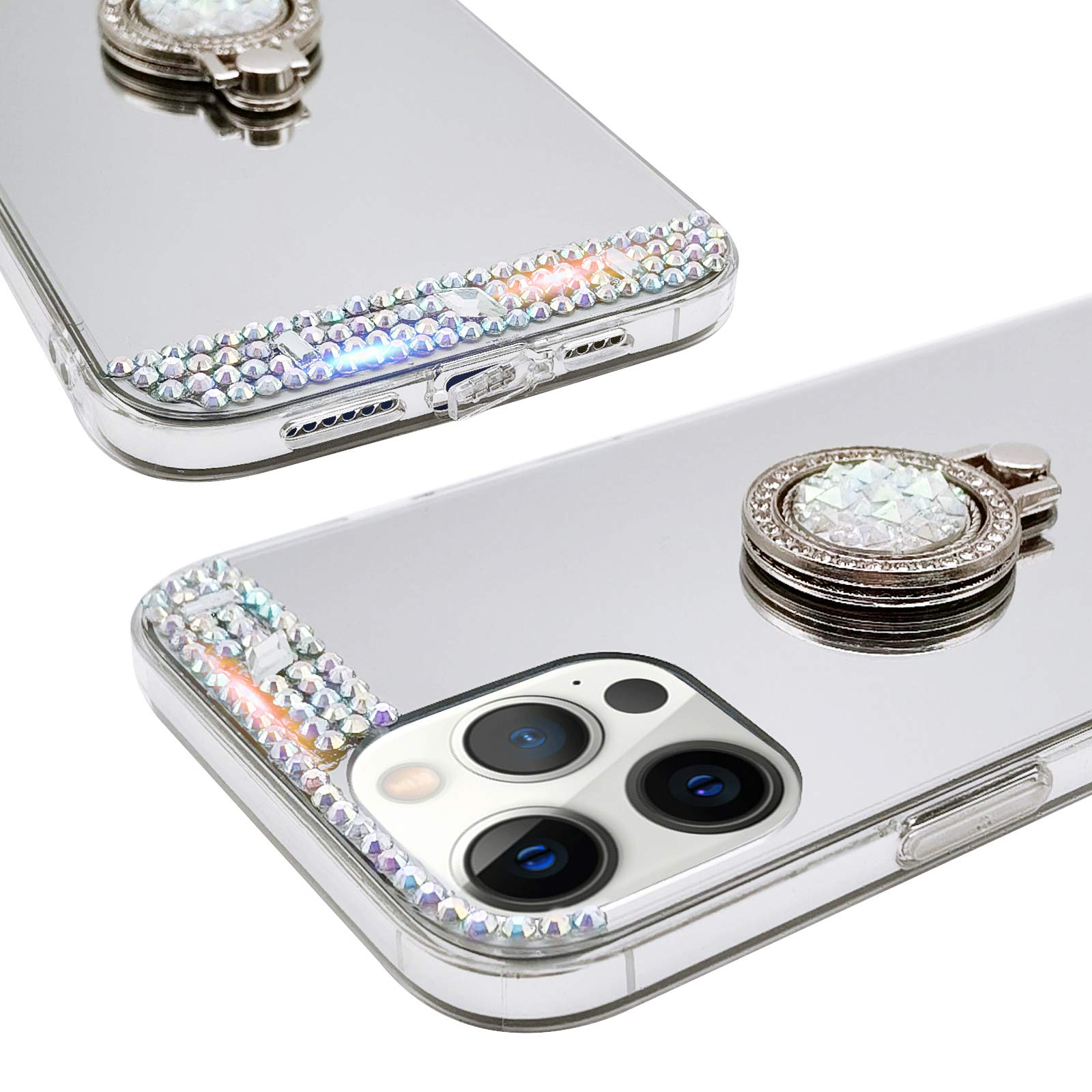 LUVI Bling Diamond Glitter Rhinestone iPhone 13 Pro Max Case with Ring Holder & Kickstand - Cute Mirror Phone Cover for Women & Girls (Silver) | Perfect for Makeup, Selfies & Hands-Free Viewing