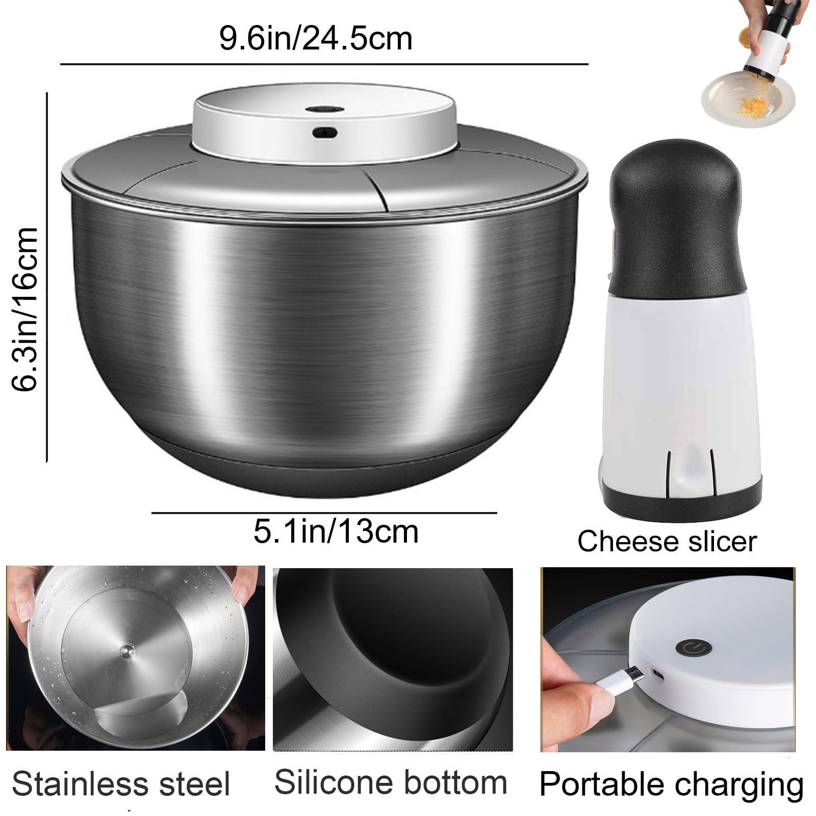 Stainless Steel Automatic Salad Spinner - 162oz (4.8L) Large Electric Lettuce & Vegetable Washer Dryer Machine, Wireless Kitchen Fruit & Veggie Spinner for Fresh Salads, Meal Prep & Healthy Cooking