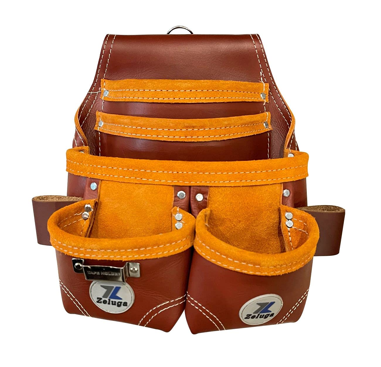 20-121 Heavy Duty 5-Pocket Leather Tool Bag for Electricians & Contractors - Durable Cherry Brown Work Bag for Tools & Equipment Storage - Perfect for Construction, Home Repairs & DIY Projects
