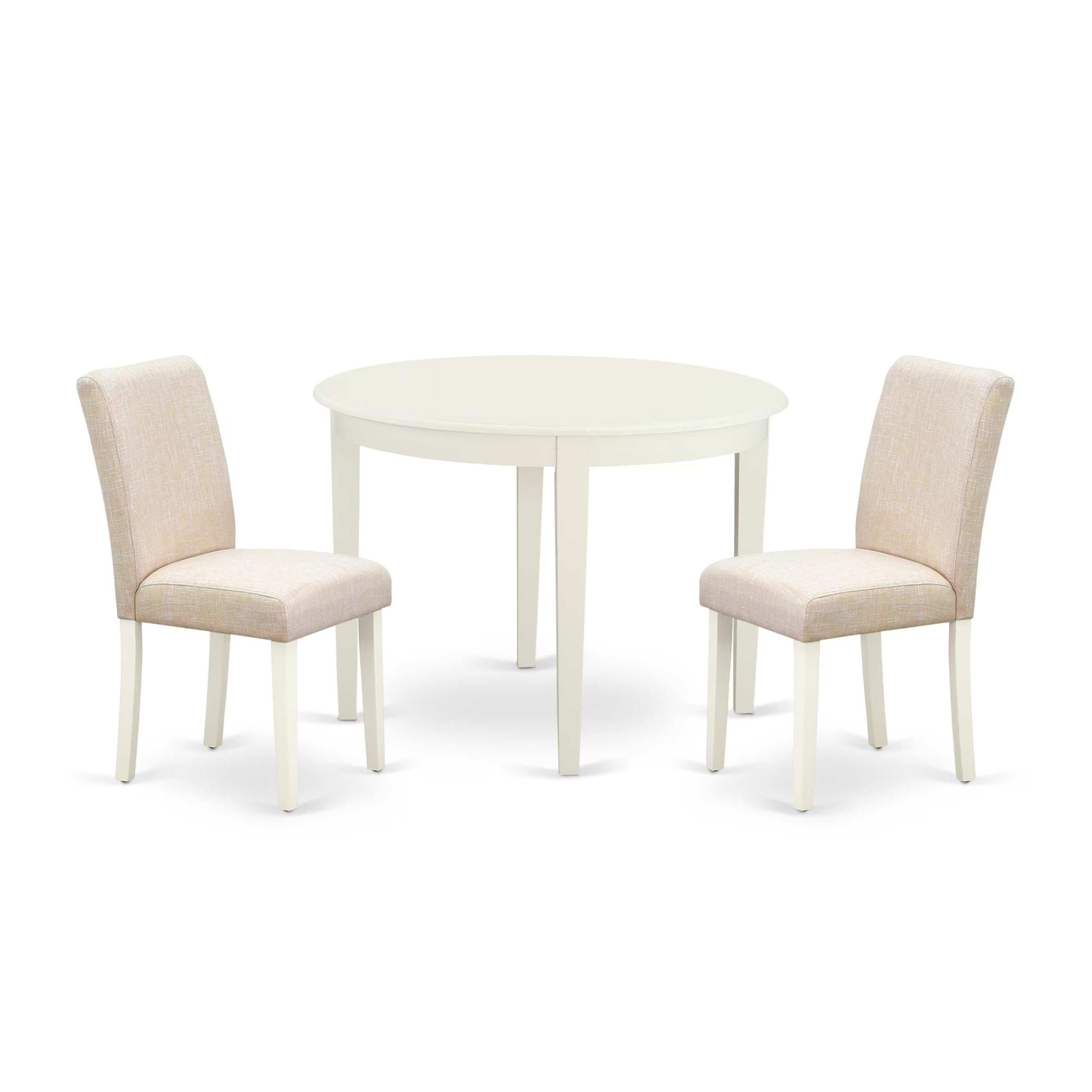 East West Furniture BOAB3-LWH-02 3-Piece Round Kitchen Table Set with 2 Upholstered Chairs for Small Spaces - 42x42 Inch, Light Beige Linen Fabric, White Finish - Perfect for Apartments, Breakfast Nooks & Cozy Dining Areas