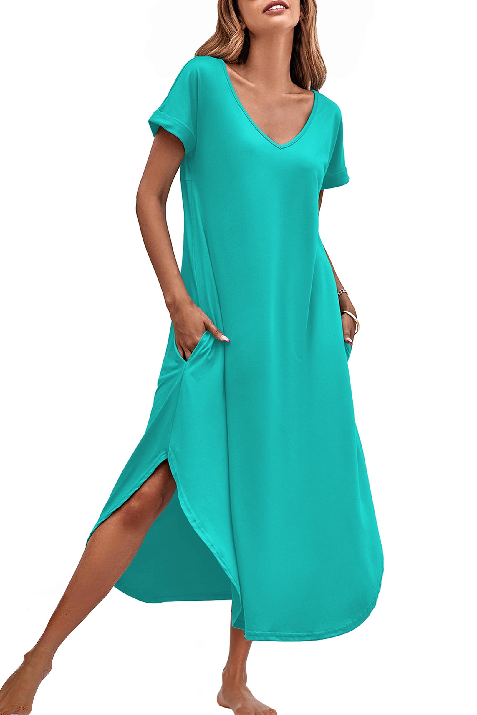 Ekouaer Women's V-Neck Nightgown - Soft Short Sleeve Sleepwear with Side Split Pockets, Long Nightdress Sizes S-3XL - Perfect for Relaxing at Home, Lounging & Comfortable Sleep