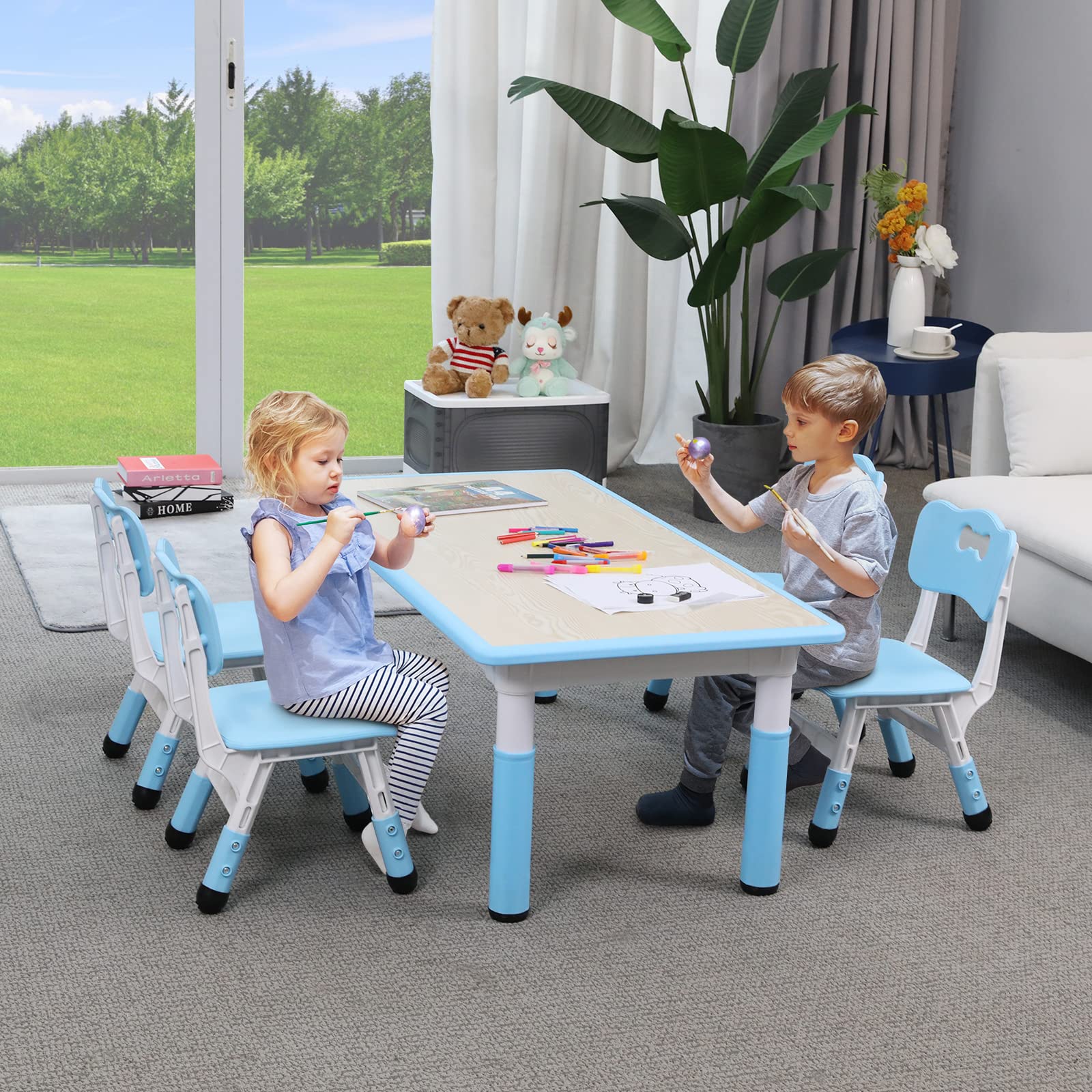 Arlopu Adjustable Height Kids Table and 4 Chairs Set - Non-Slip Toddler Activity Table with Graffiti-Proof Surface - Blue Children's Furniture for Reading, Drawing, Daycare & Home Classroom Use