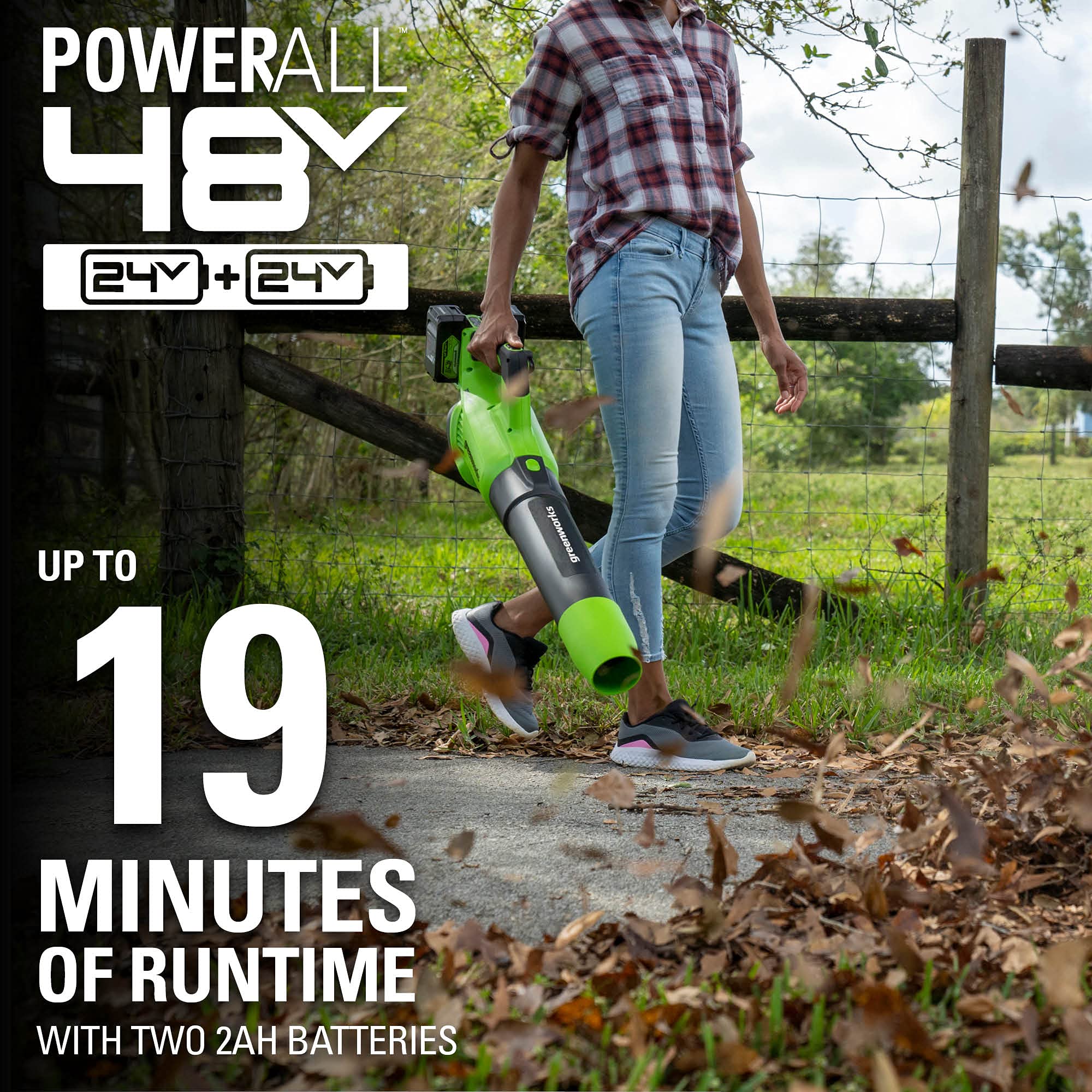 Greenworks 48V Cordless Axial Leaf Blower Kit with 2 x 24V 2Ah USB Batteries & 4A Dual Port Charger - Powerful Yard Cleanup for Leaves, Grass Clippings & Debris