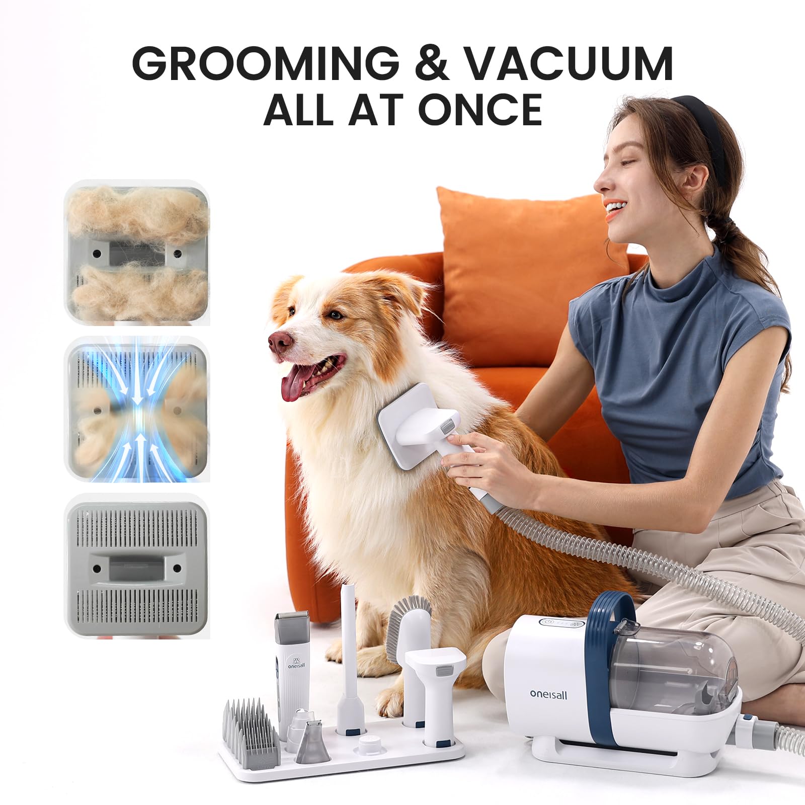 Oneisall Dog Grooming Kit with Vacuum - 12000Pa Powerful Suction Pet Hair Clippers, 99% Hair Removal with 7 Professional Tools for Shedding Control | Perfect for Home Pet Grooming & Shedding Season Care