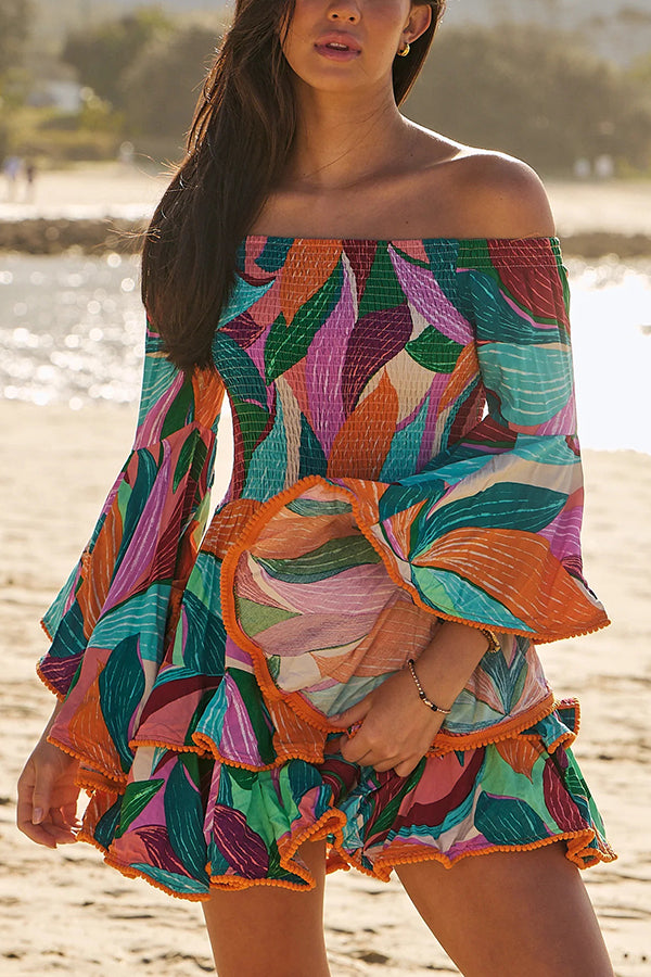 Unique Print Off The Shoulder Pleated Bell Sleeve Fitted Mini Dress | Women's Fashion Party Cocktail Dress for Night Out, Date Night & Special Occasions