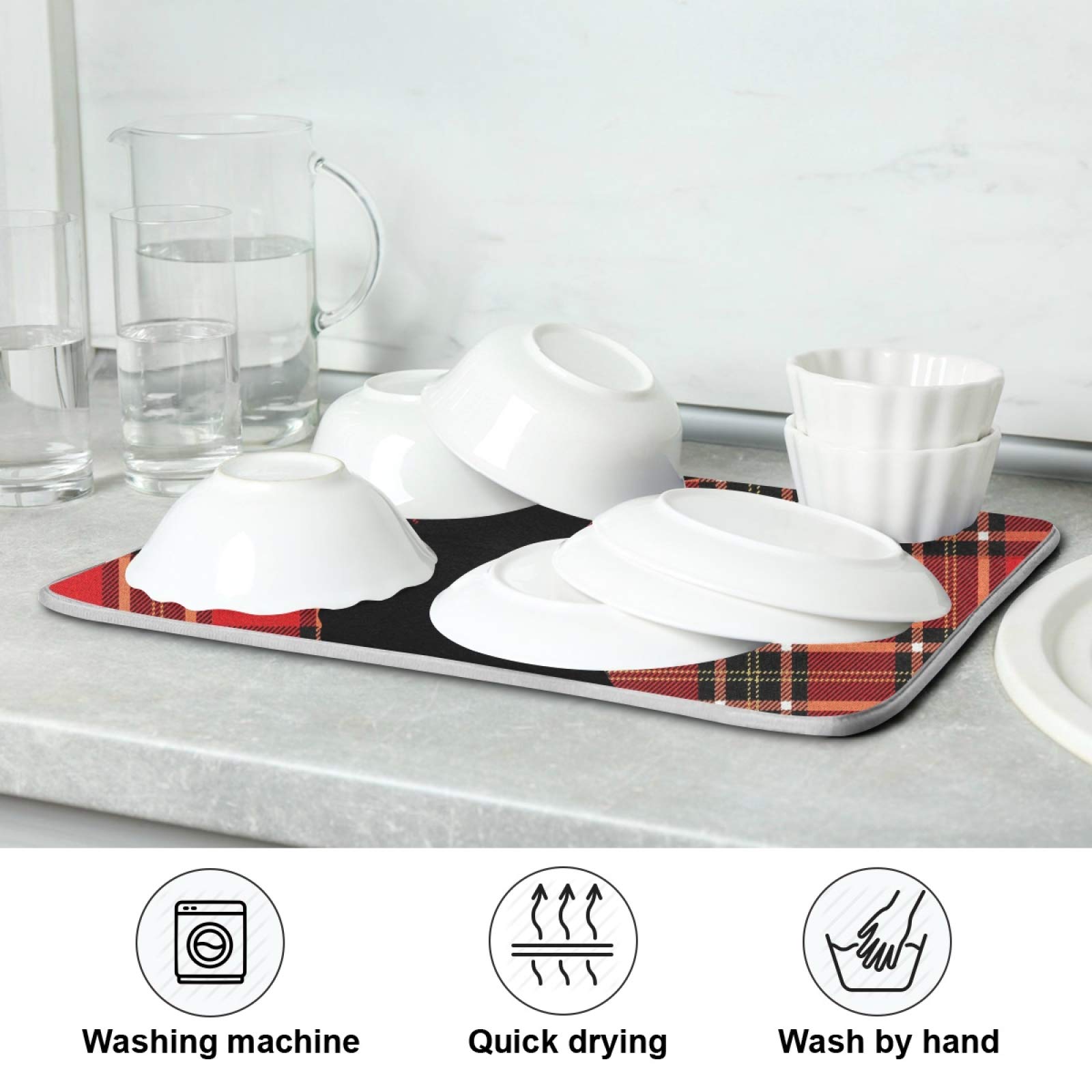 Deer Head Silhouette Kitchen Drying Mat 18x24 Inch - Absorbent Fast Drying Counter Mat with Red Plaid Design - Perfect for Dishes, Utensils & Counter Protection
